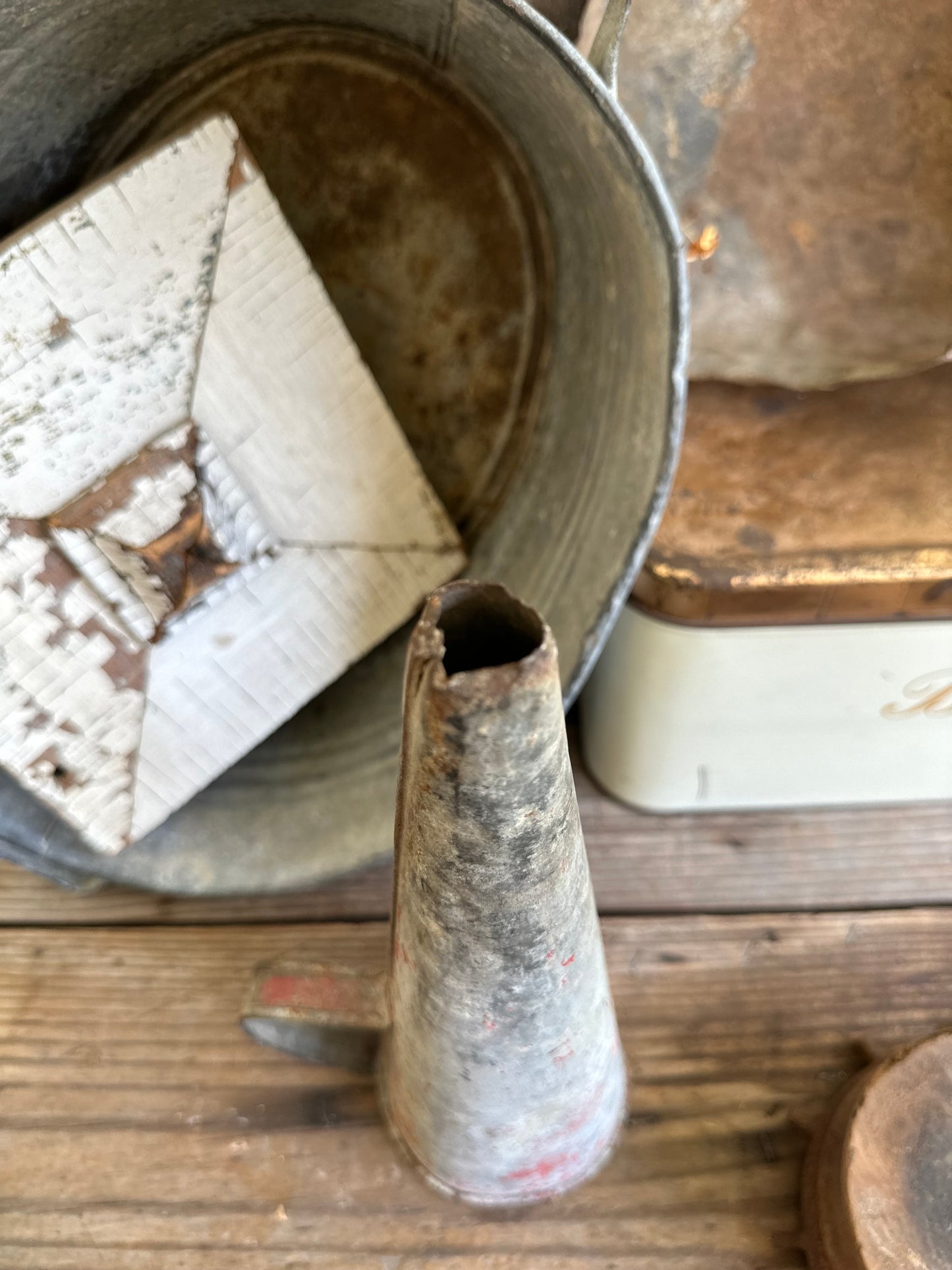 Galvanized Metal Funnel With Handle Chippy Red Paint