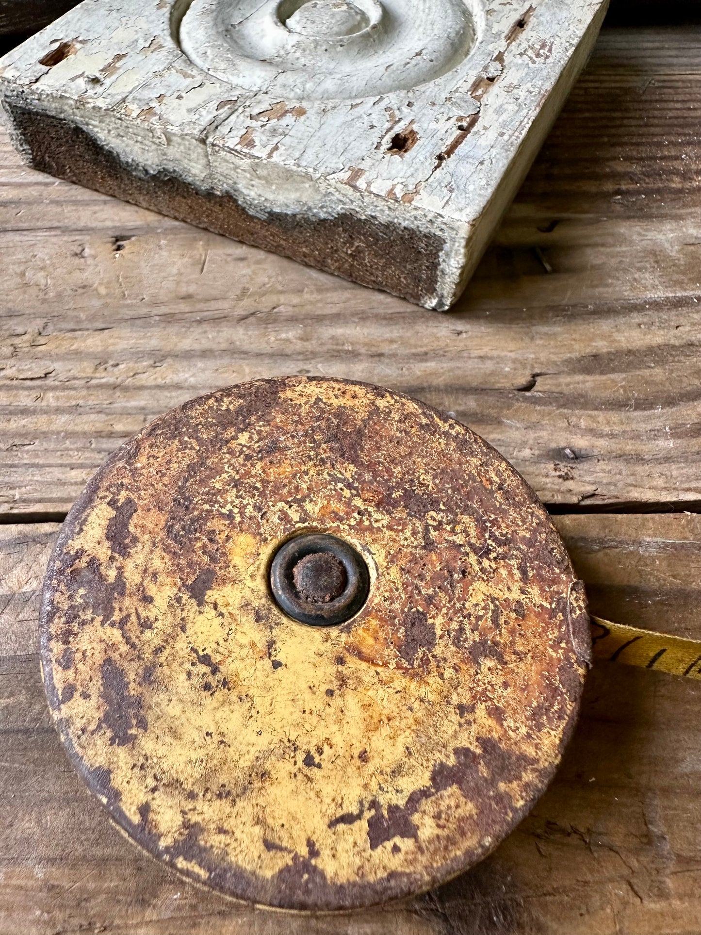 Fabric Measuring Tape Metal With Chippy Yellow Paint