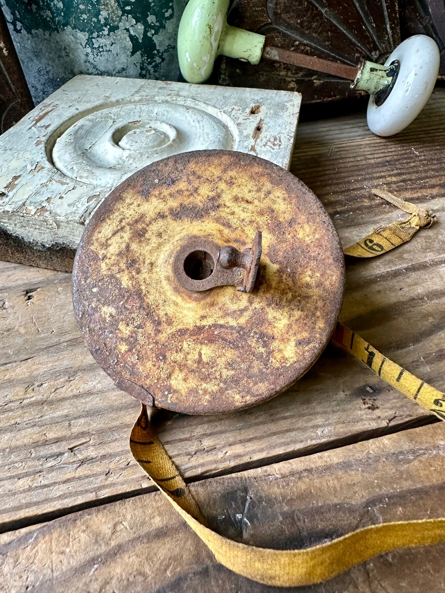 Fabric Measuring Tape Metal With Chippy Yellow Paint