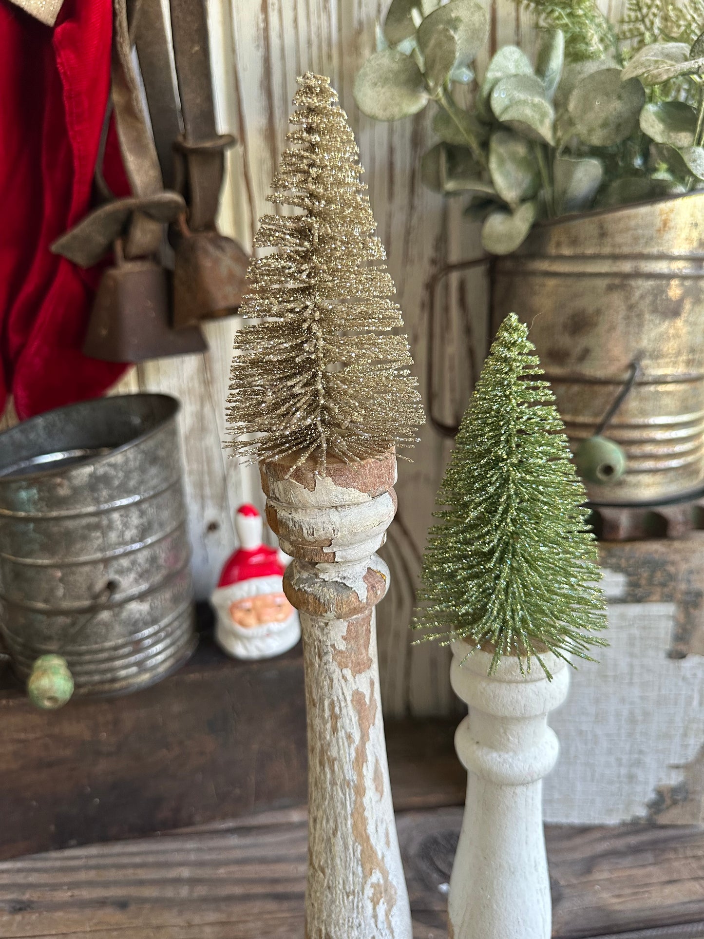 Salvage Wood Spindle With Bottle Brush Tree Set Of Two