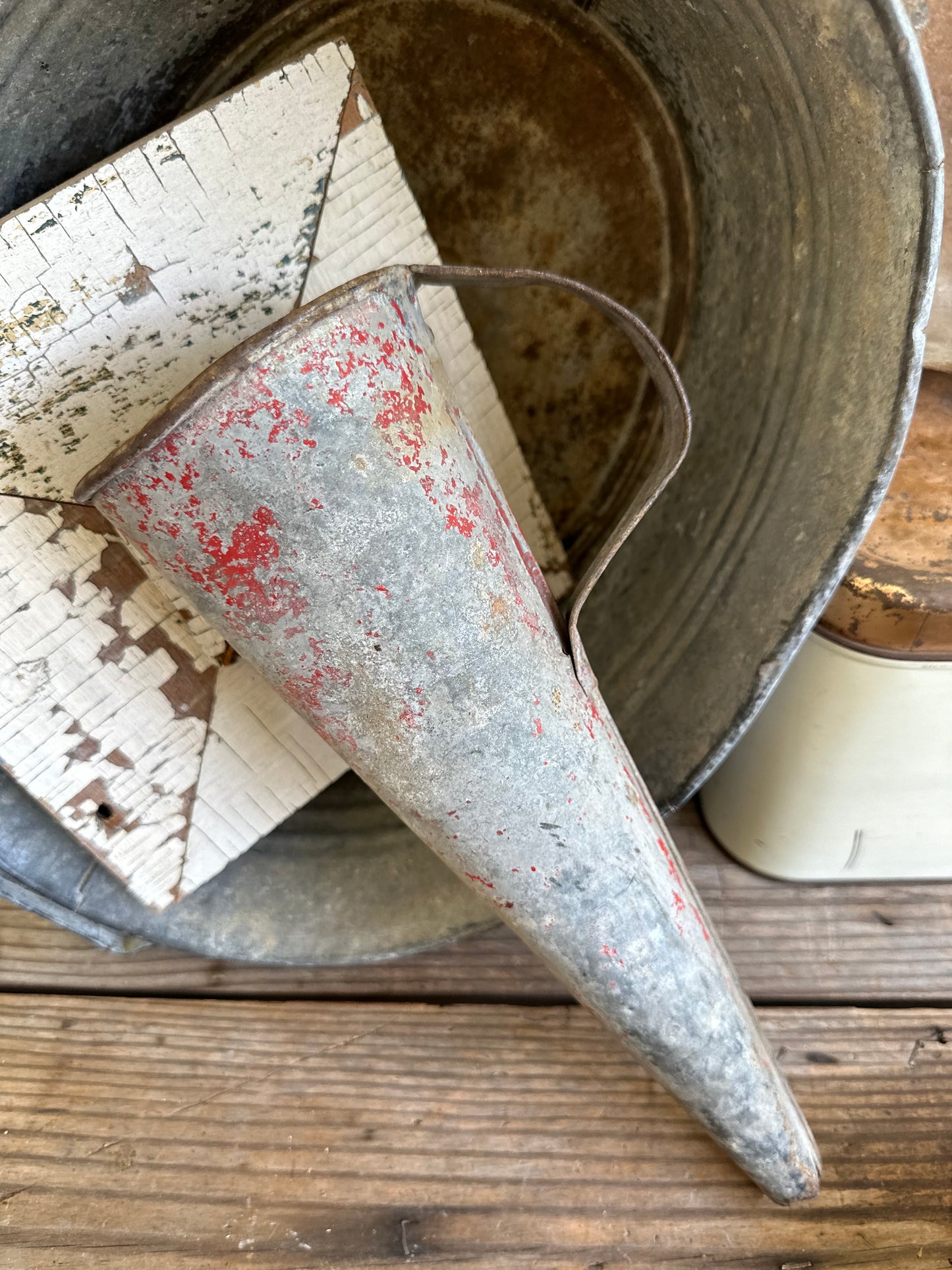 Galvanized Metal Funnel With Handle Chippy Red Paint