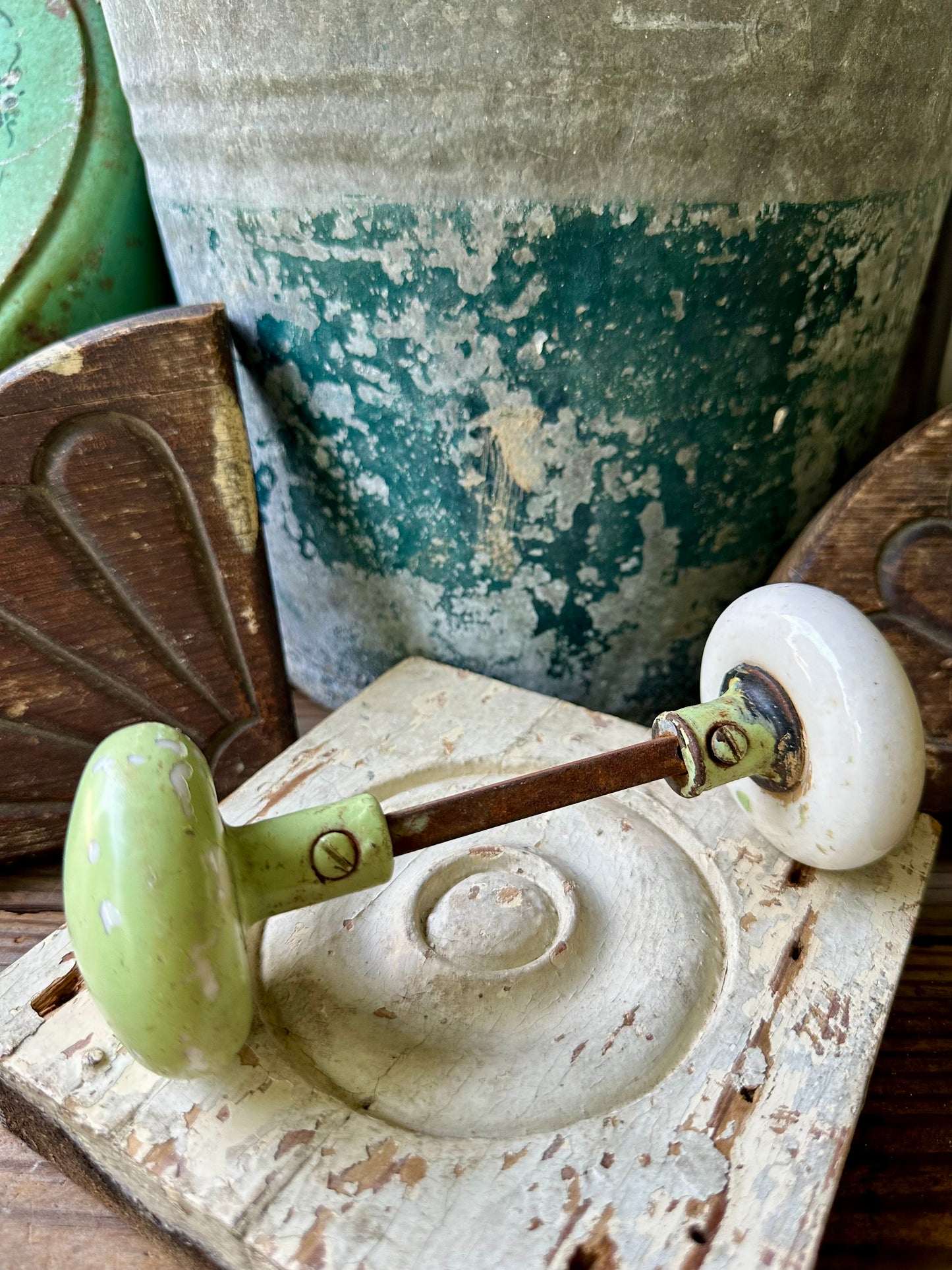 Porcelain White Door Knob Set Chippy Green Paint