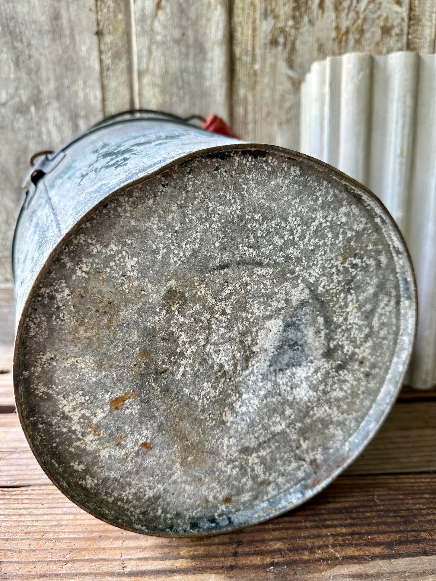 Galvanized Bucket With Chippy Teal Paint & Red Wood Handle