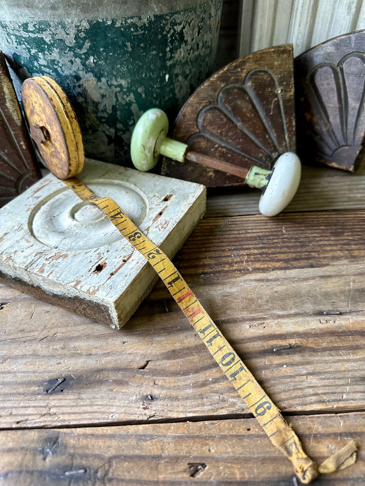 Fabric Measuring Tape Metal With Chippy Yellow Paint