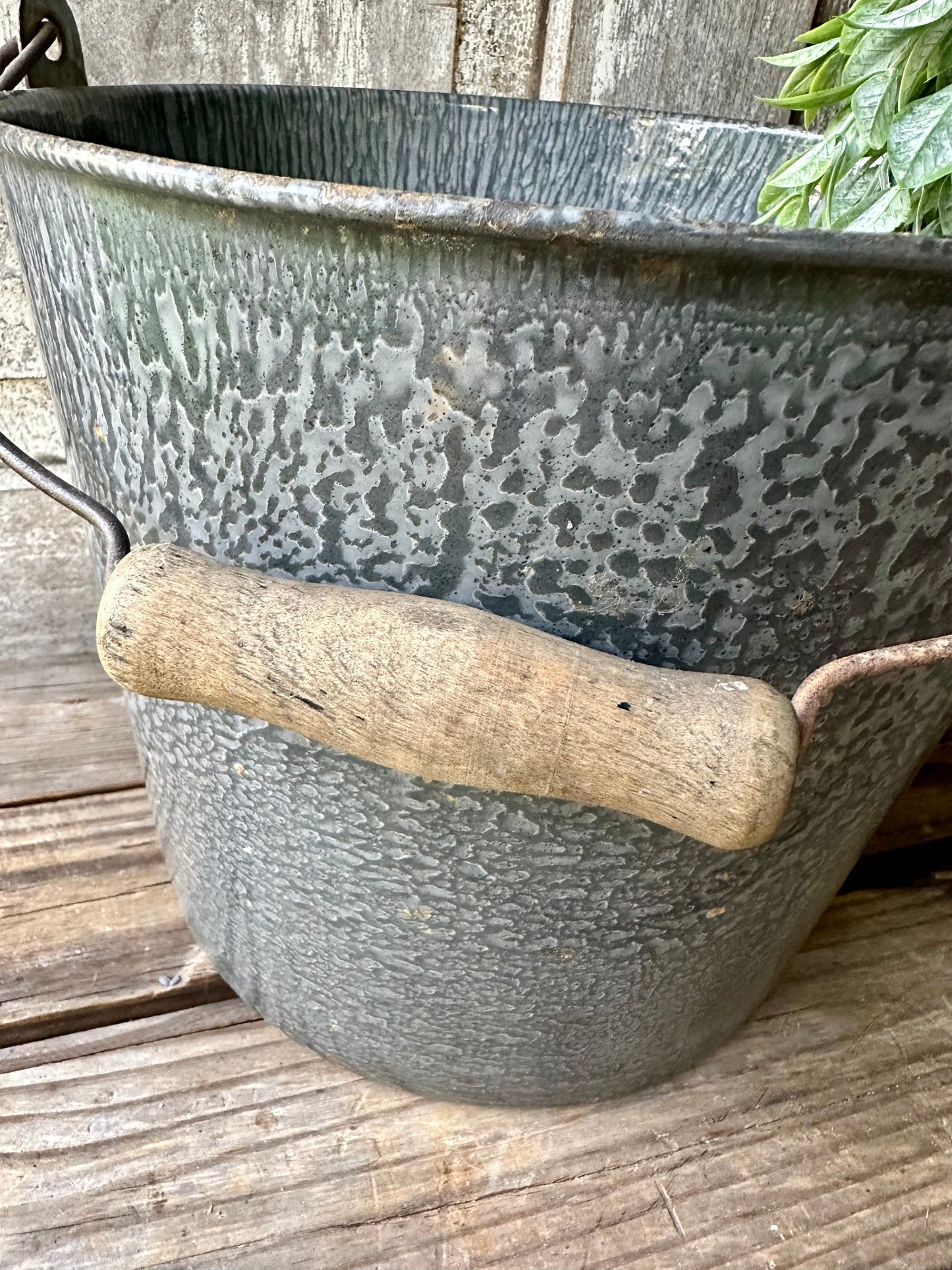 Gray Enamelware Bucket Wood Handle