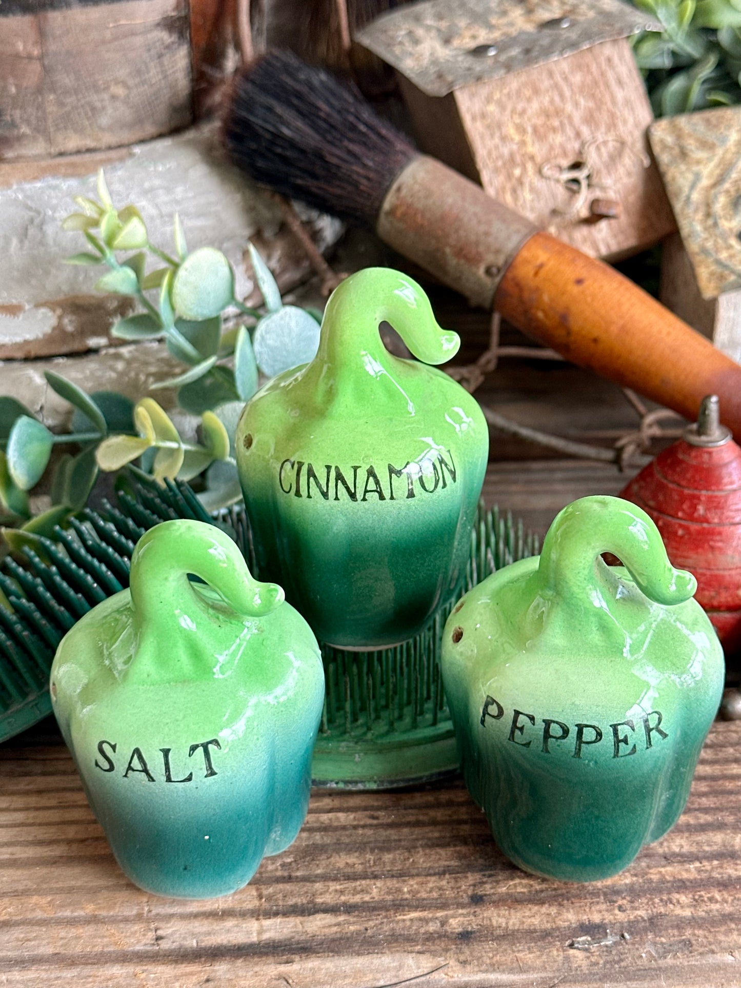 Green Pepper Shape Salt, Pepper & Cinnamon Shaker Set Of Three