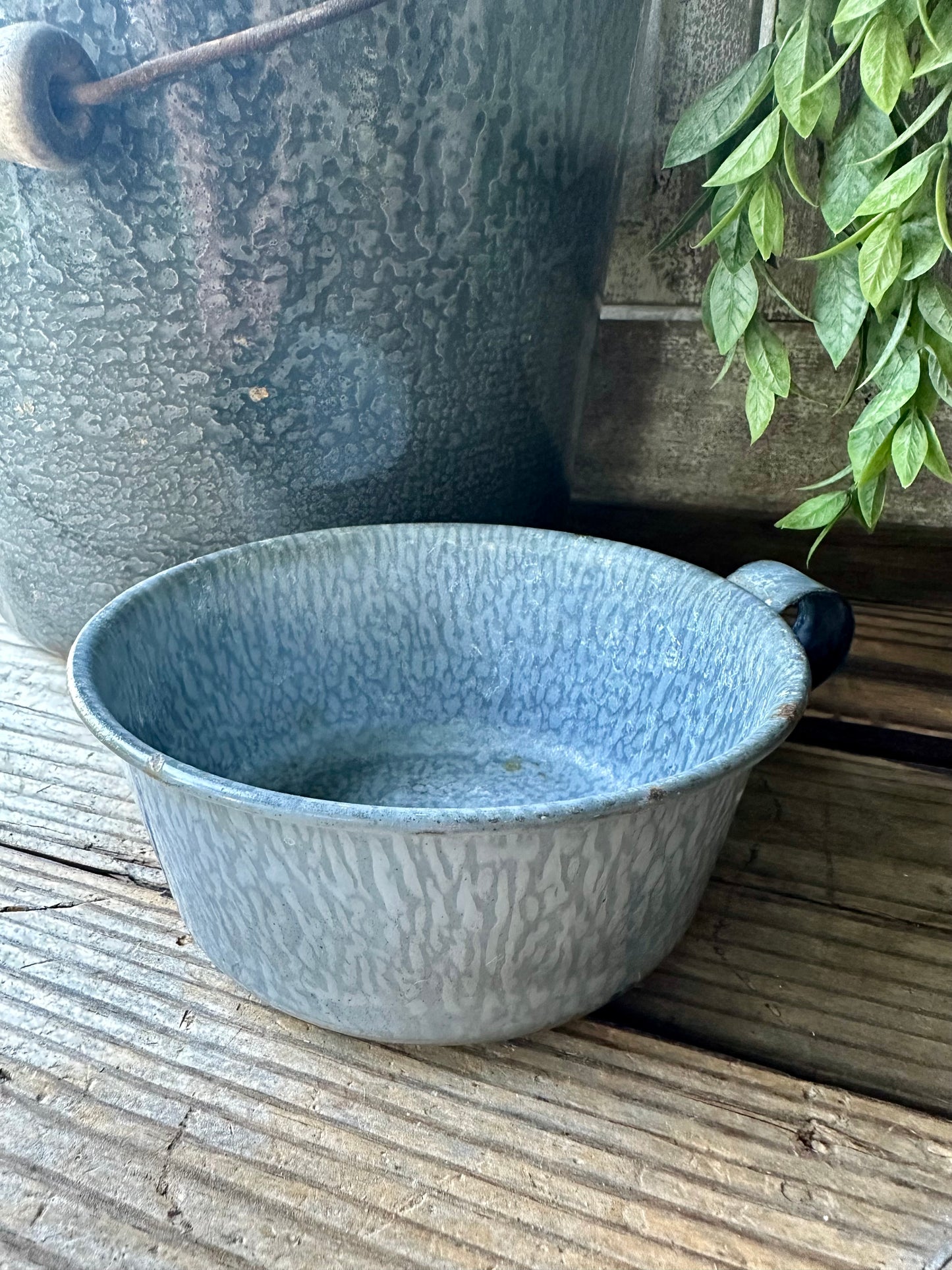 Gray Enamelware Cup/Dish With Handle