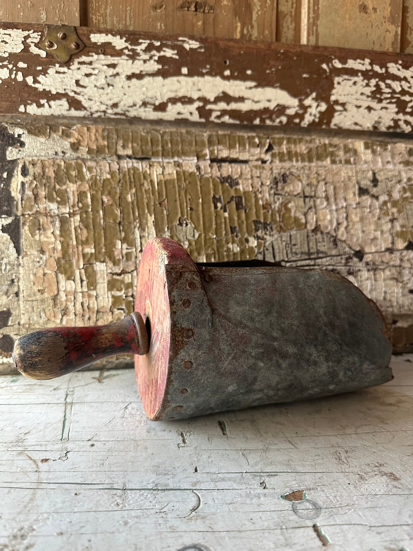 Weathered Red Paint Wood & Rusty Metal Scoop