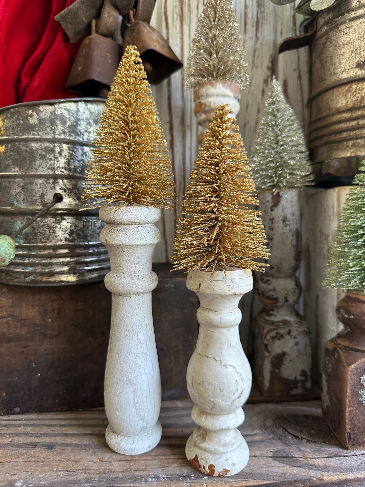 Salvage Wood Spindle With Christmas Gold Tree Set Of Two