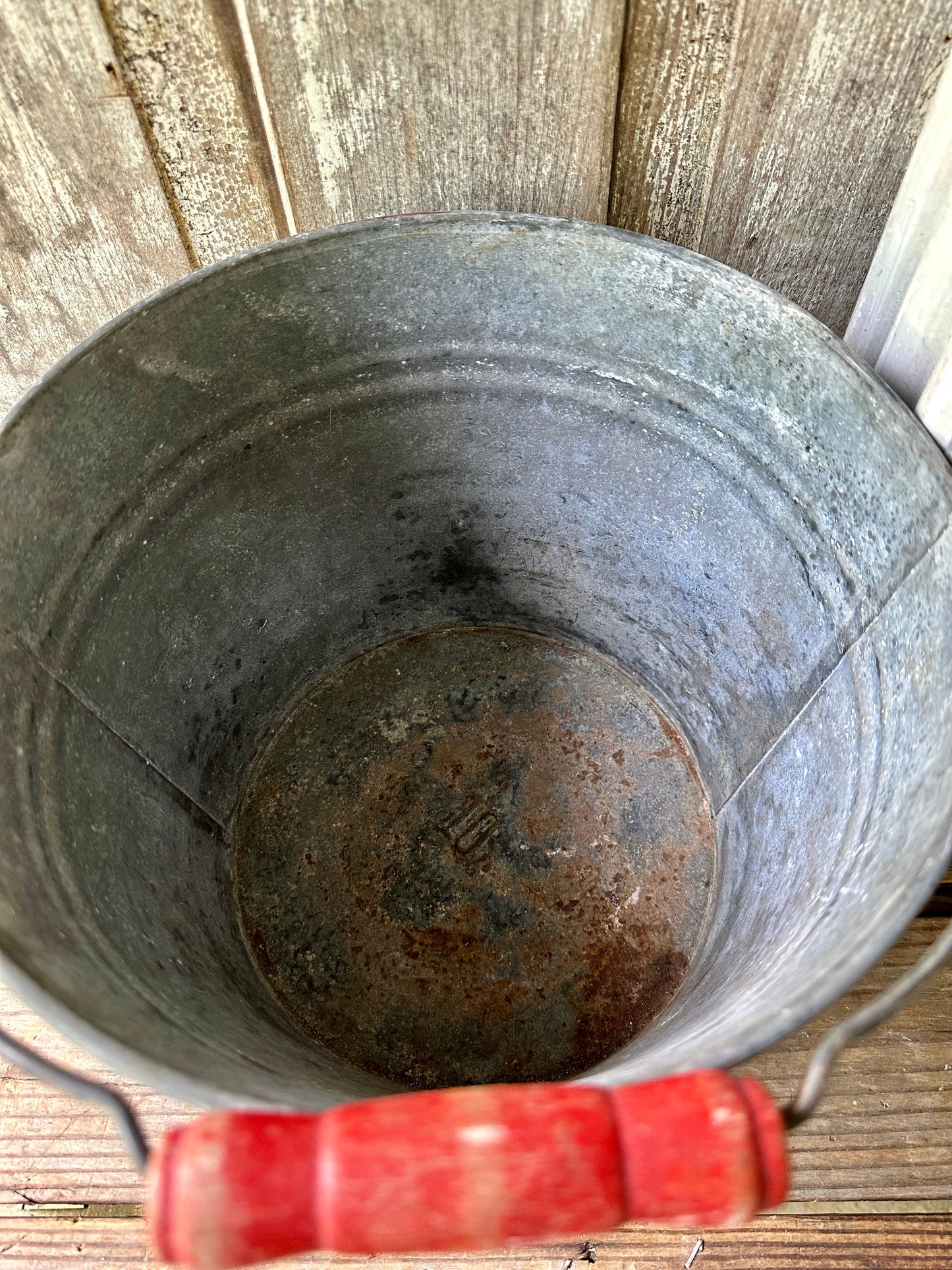 Galvanized Bucket With Chippy Teal Paint & Red Wood Handle