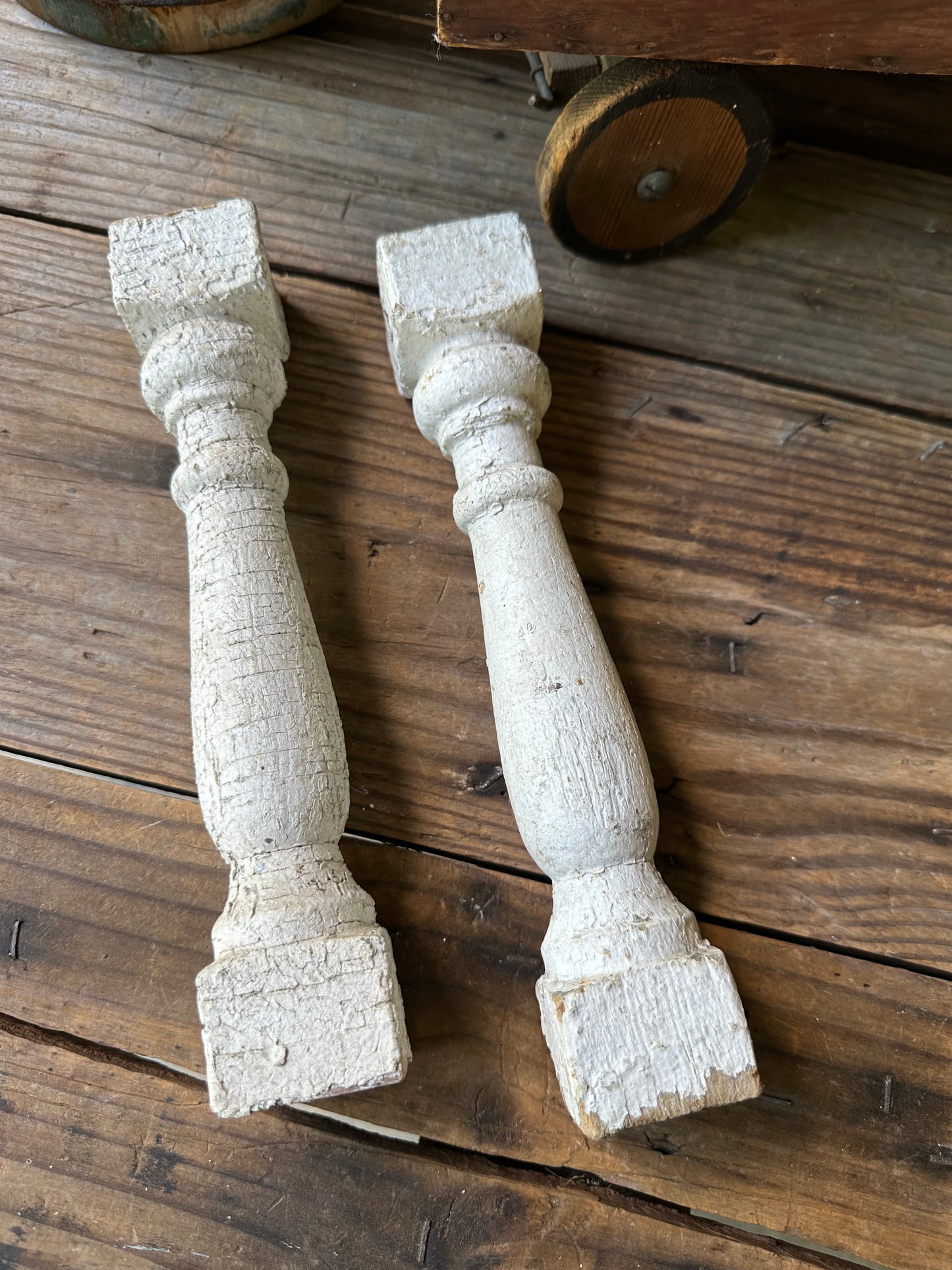 Chippy White Paint Wood Spindles Set of Two