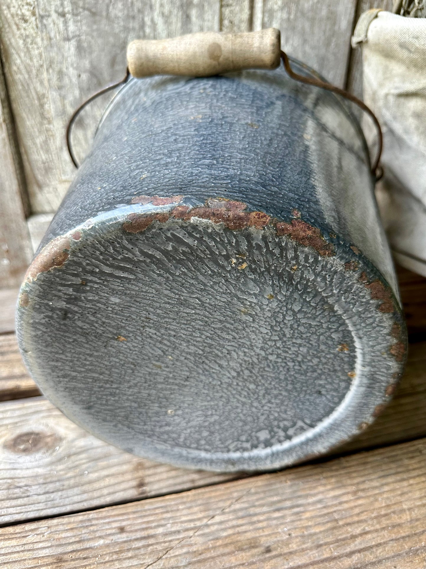 Gray Enamelware Bucket Wood Handle