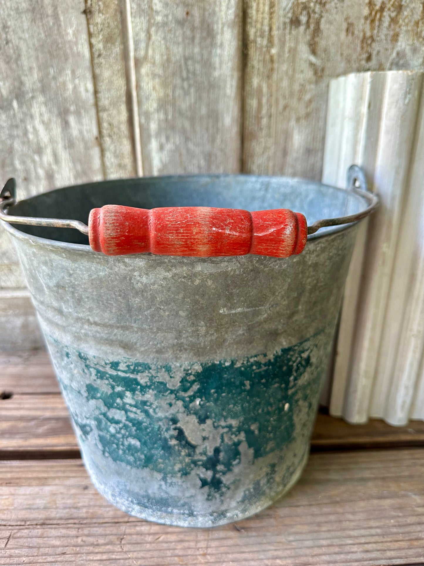 Galvanized Bucket With Chippy Teal Paint & Red Wood Handle