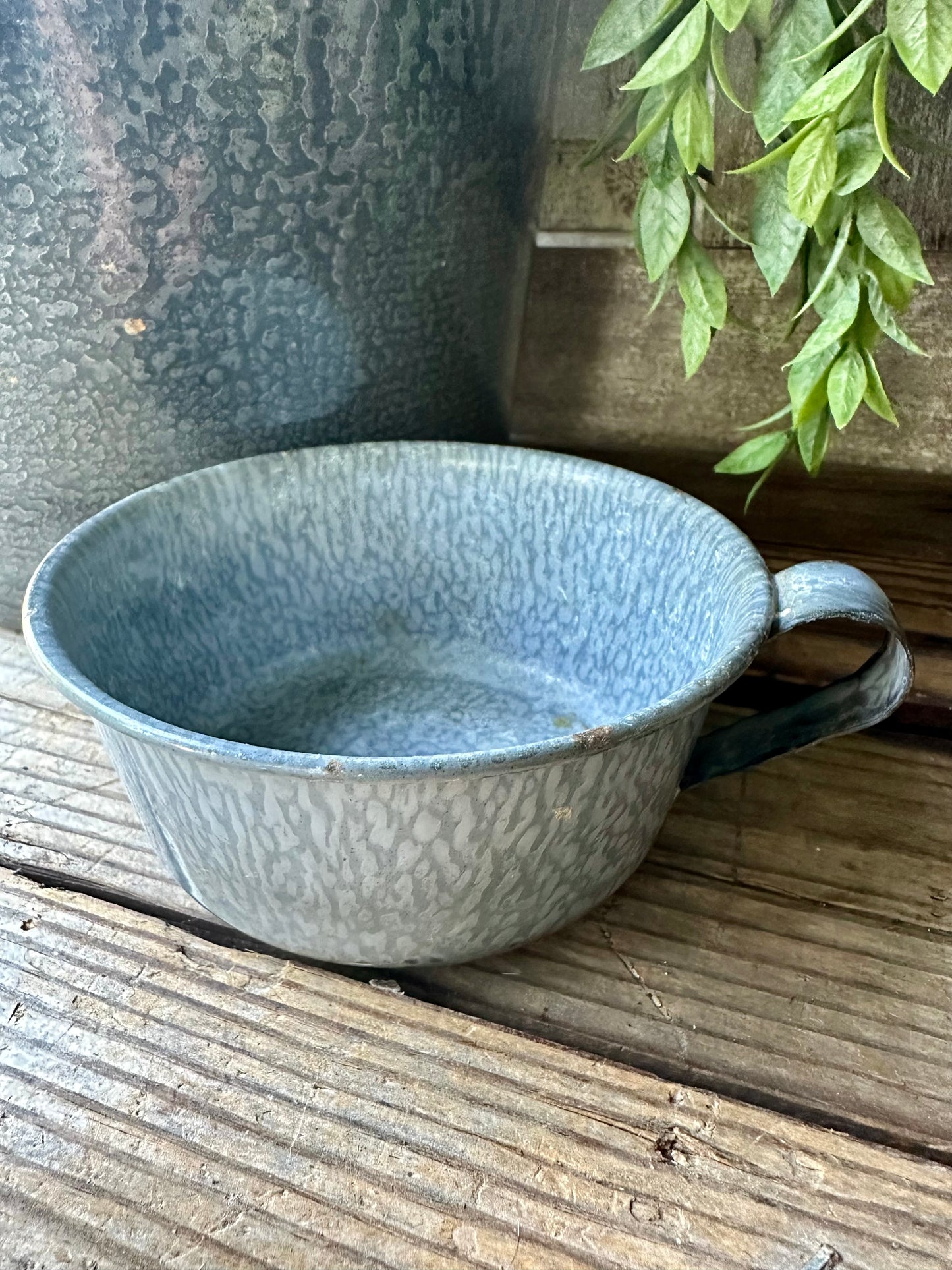 Gray Enamelware Cup/Dish With Handle