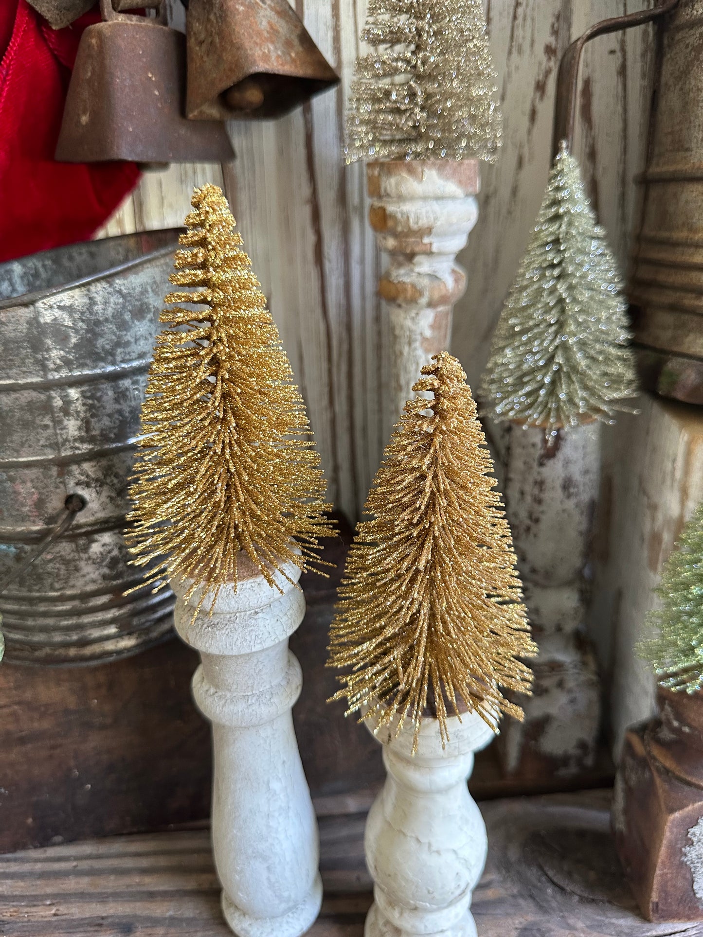 Salvage Wood Spindle With Christmas Gold Tree Set Of Two