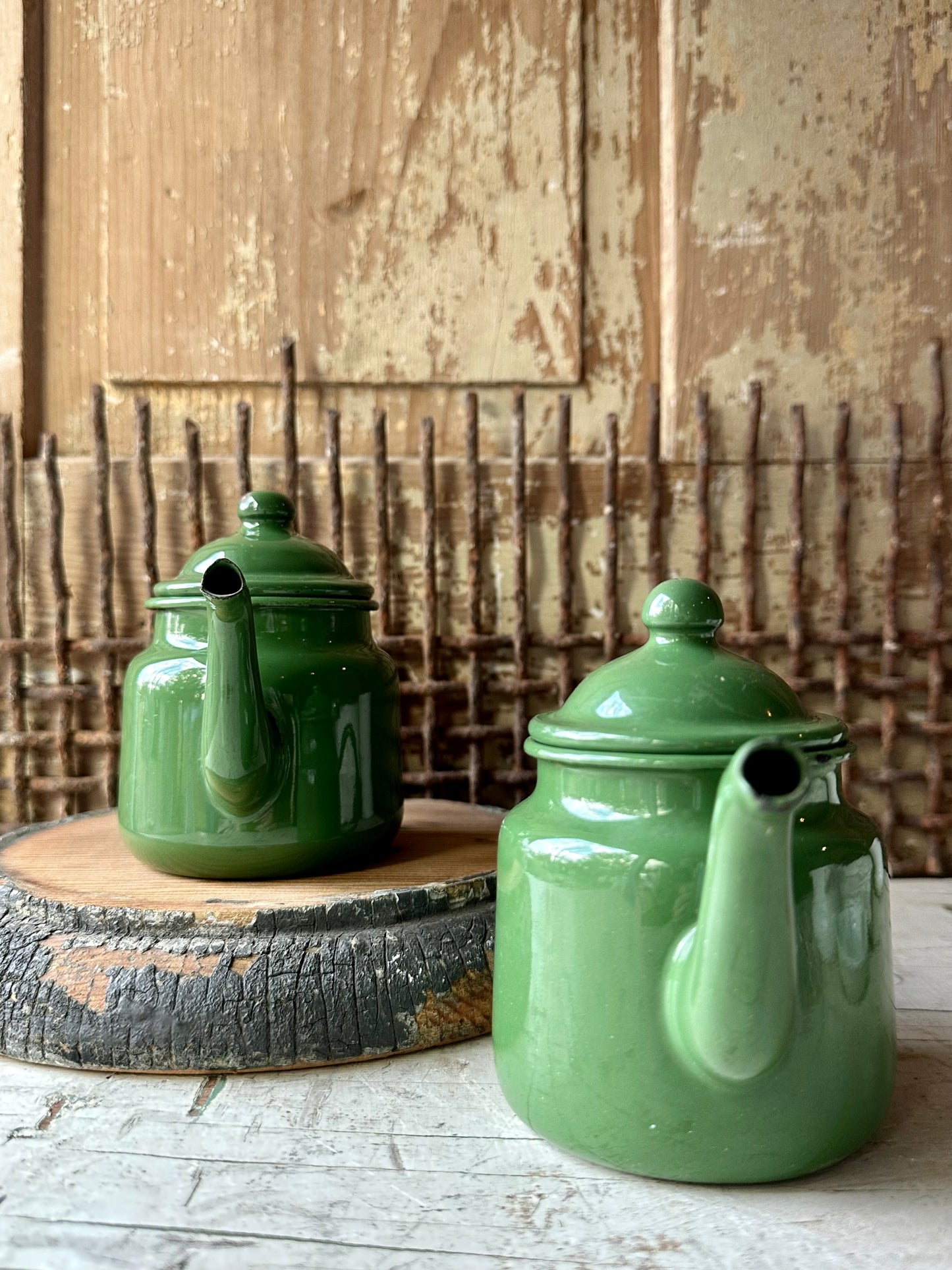 Enamelware Small Green Tea Pots Set of 2