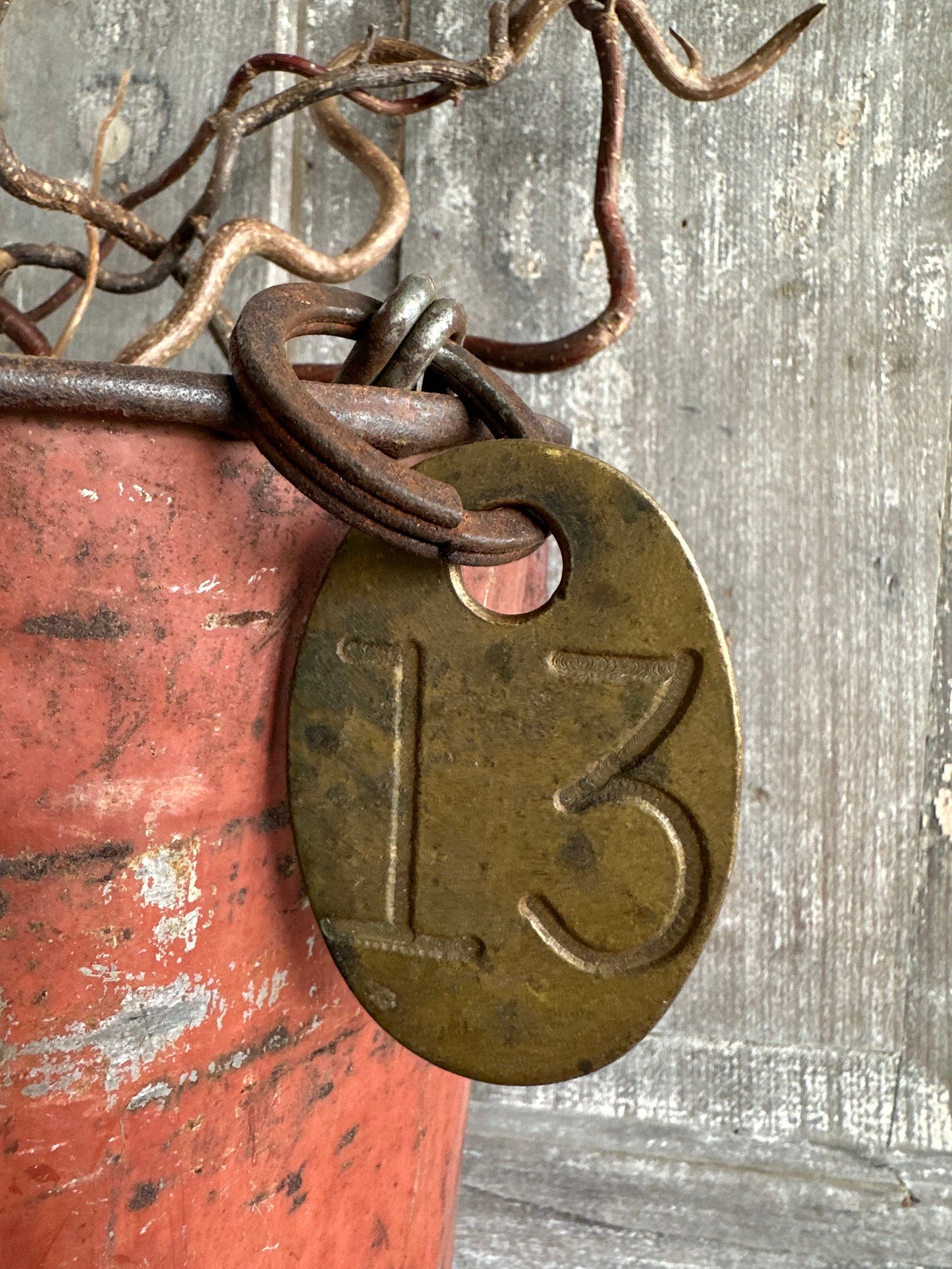 Cattle Brass Tag #13 With Rusty Metal Chain