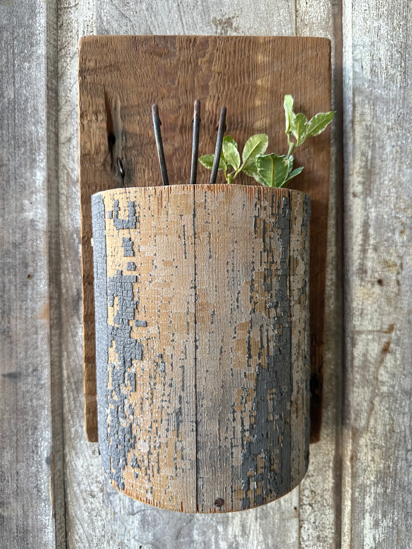 Handmade Salvage Post Wall Pocket With Garden Tool