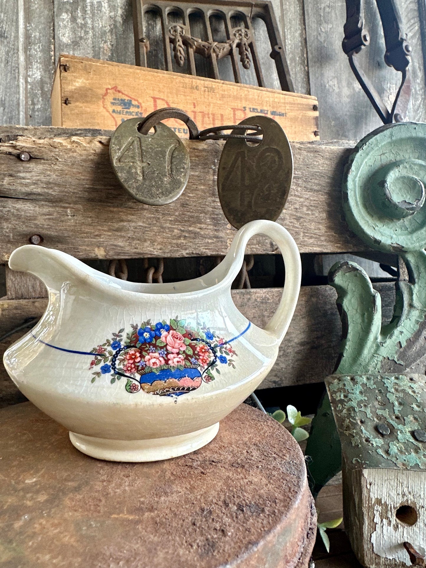 Floral Creamer With Handle Crazing Staining