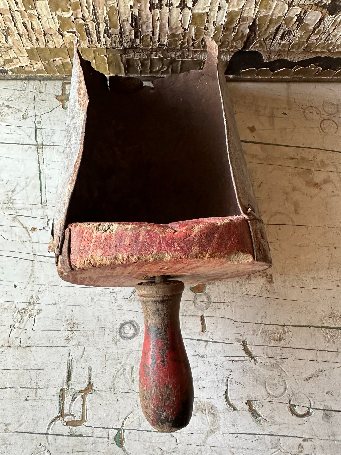 Weathered Red Paint Wood & Rusty Metal Scoop