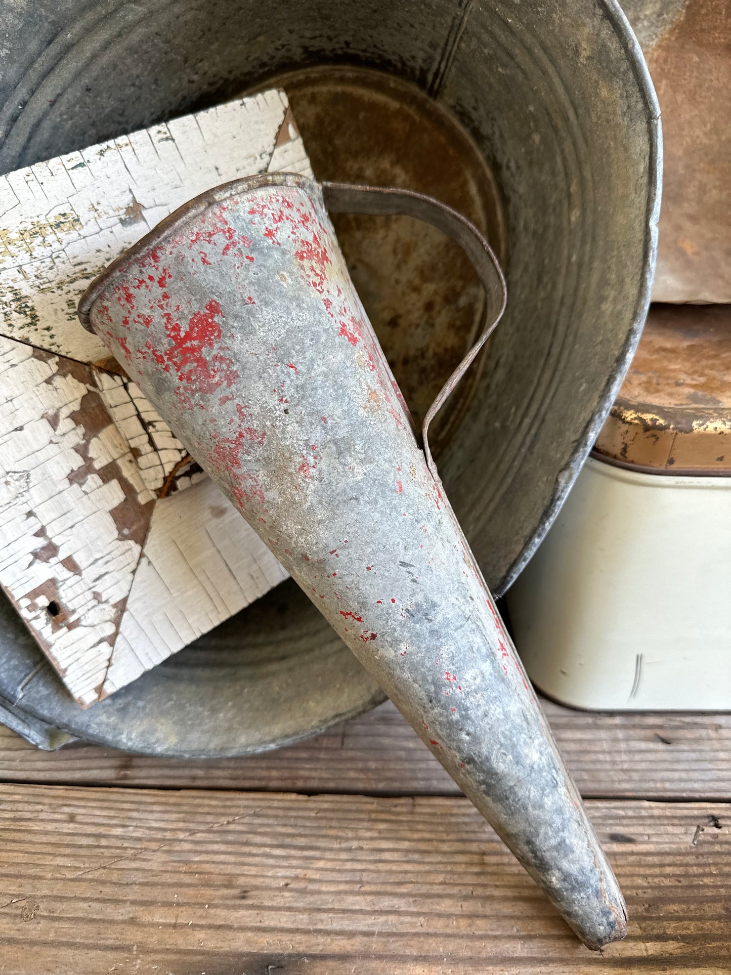 Galvanized Metal Funnel With Handle Chippy Red Paint
