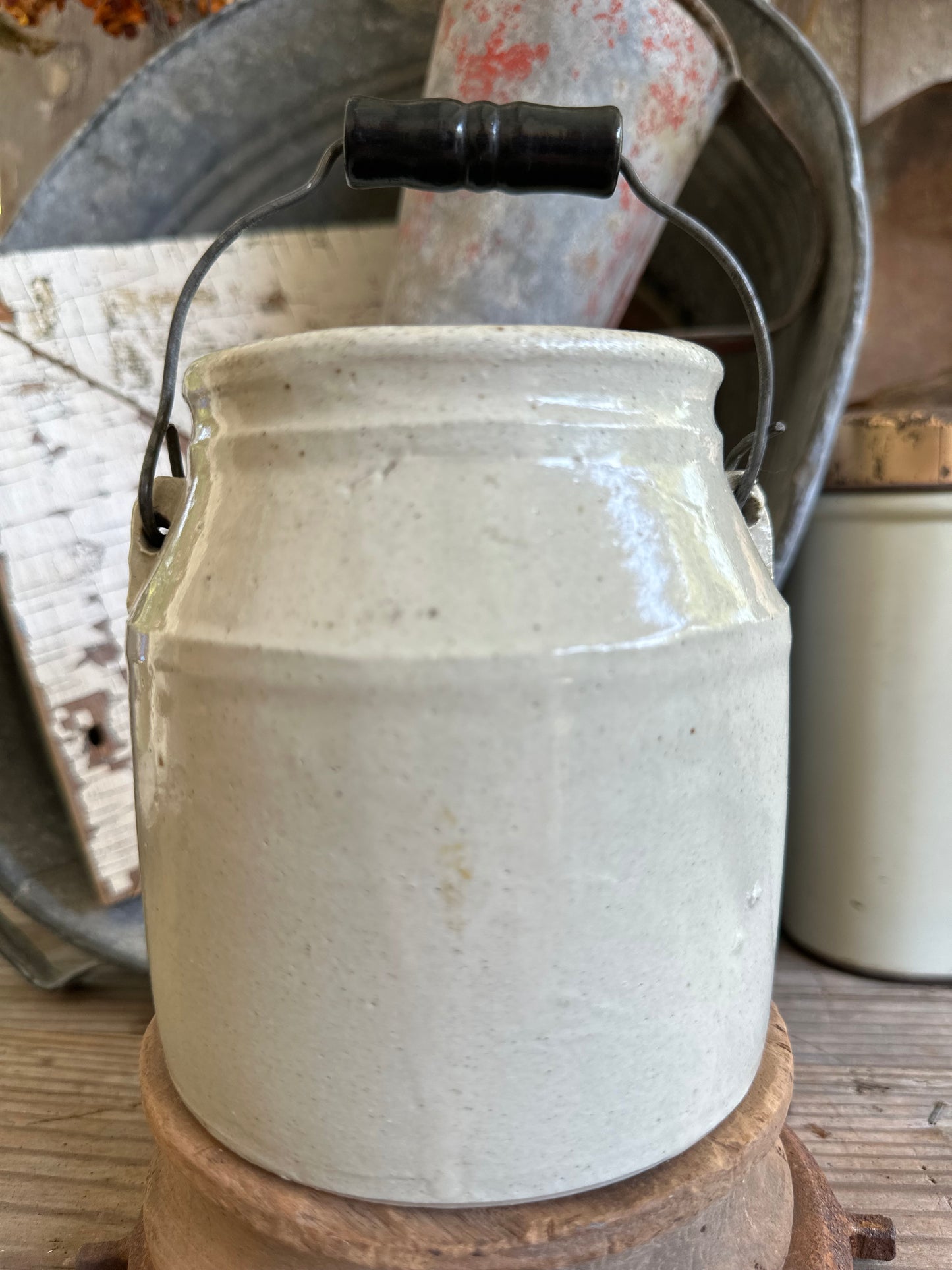 Crock With Wire & Wood Handle
