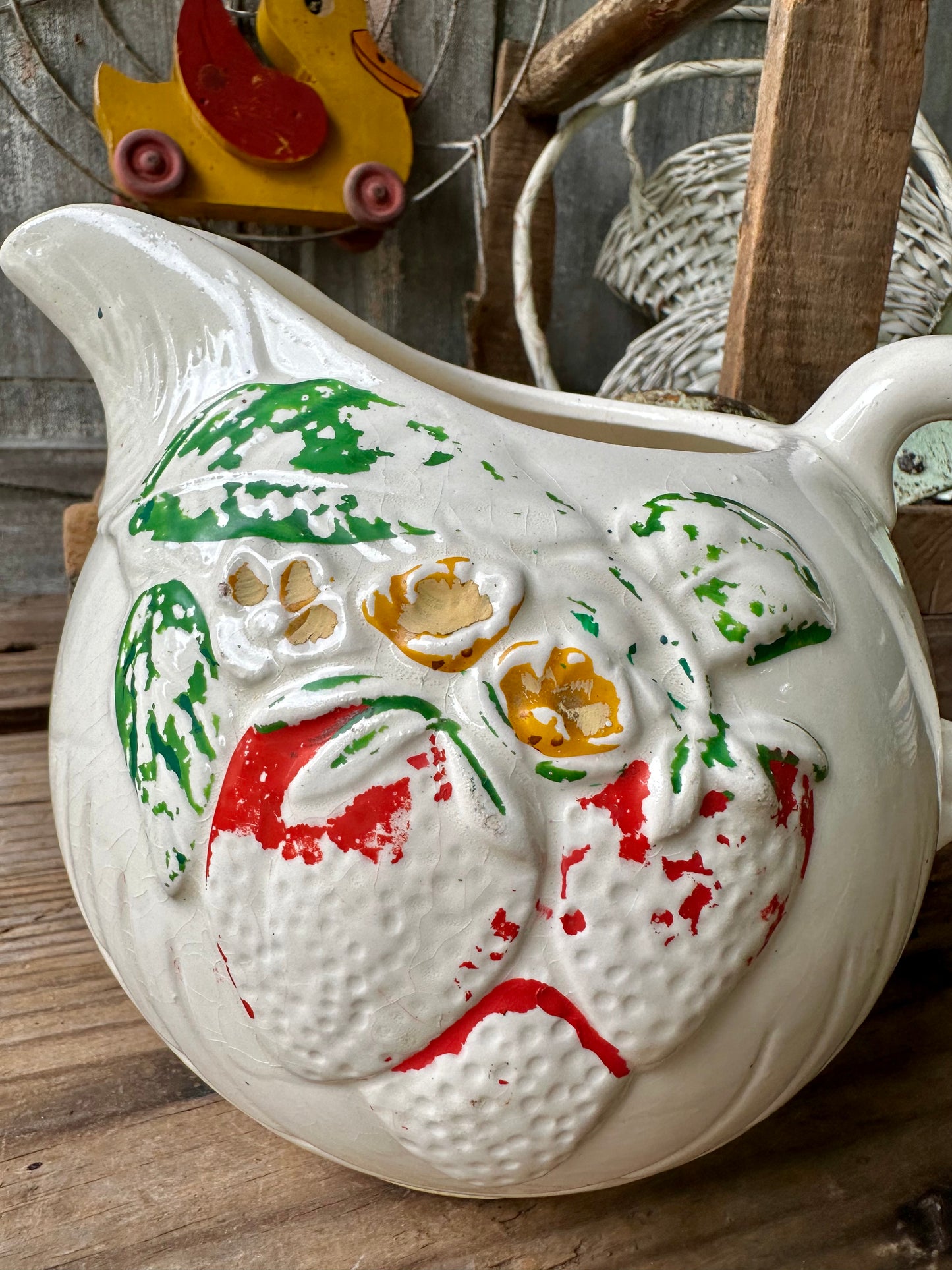 Strawberry Pattern Pitcher USA Crazed & Stained