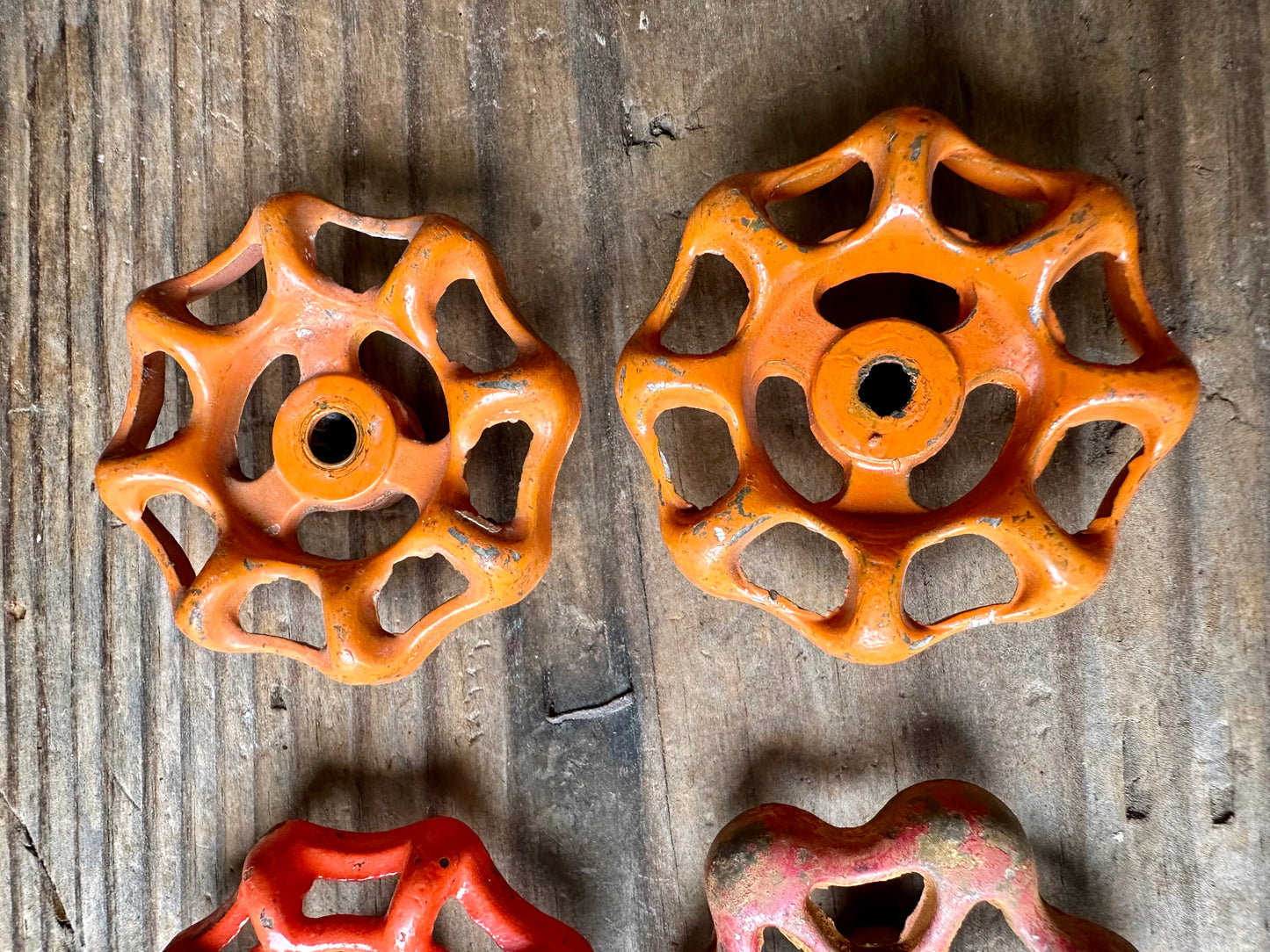 Orange & Red Rusty Metal Valve Handles Set Of Four