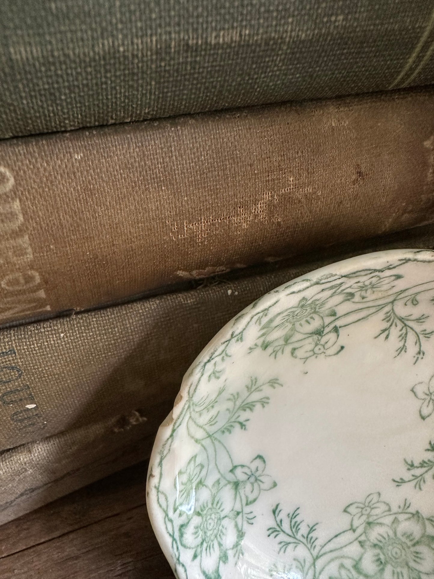Butter Pat Green Floral Transferware