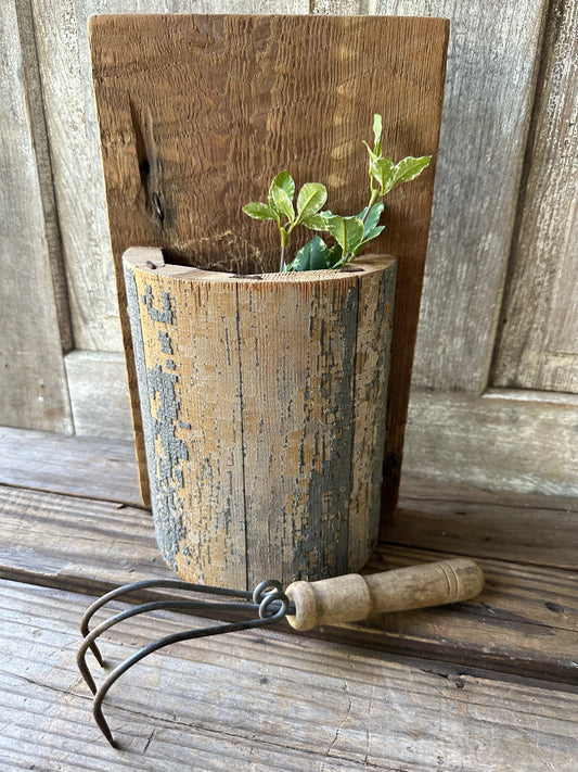 Handmade Salvage Post Wall Pocket With Garden Tool