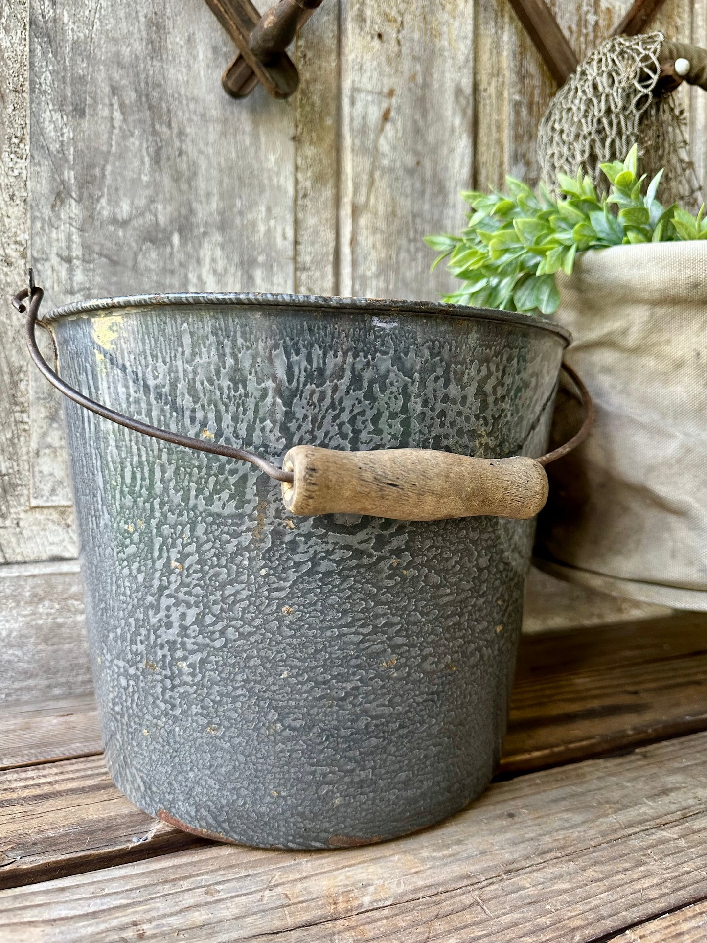 Gray Enamelware Bucket Wood Handle