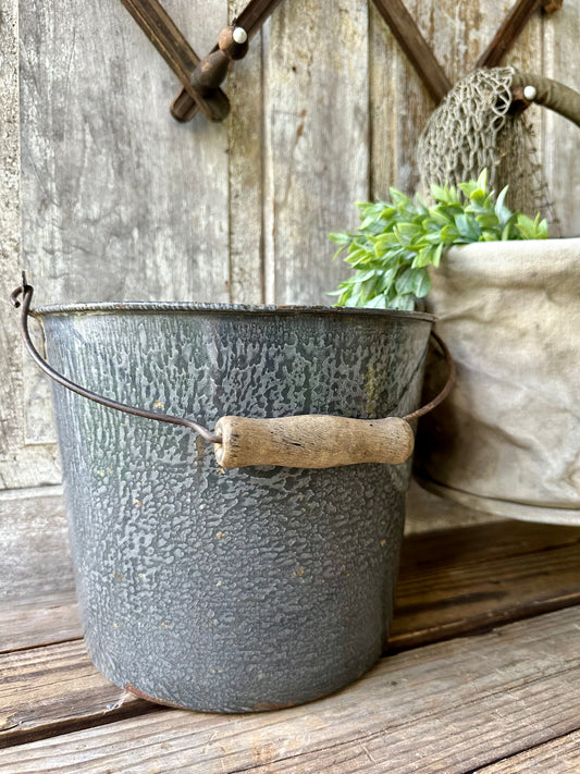 Gray Enamelware Bucket Wood Handle
