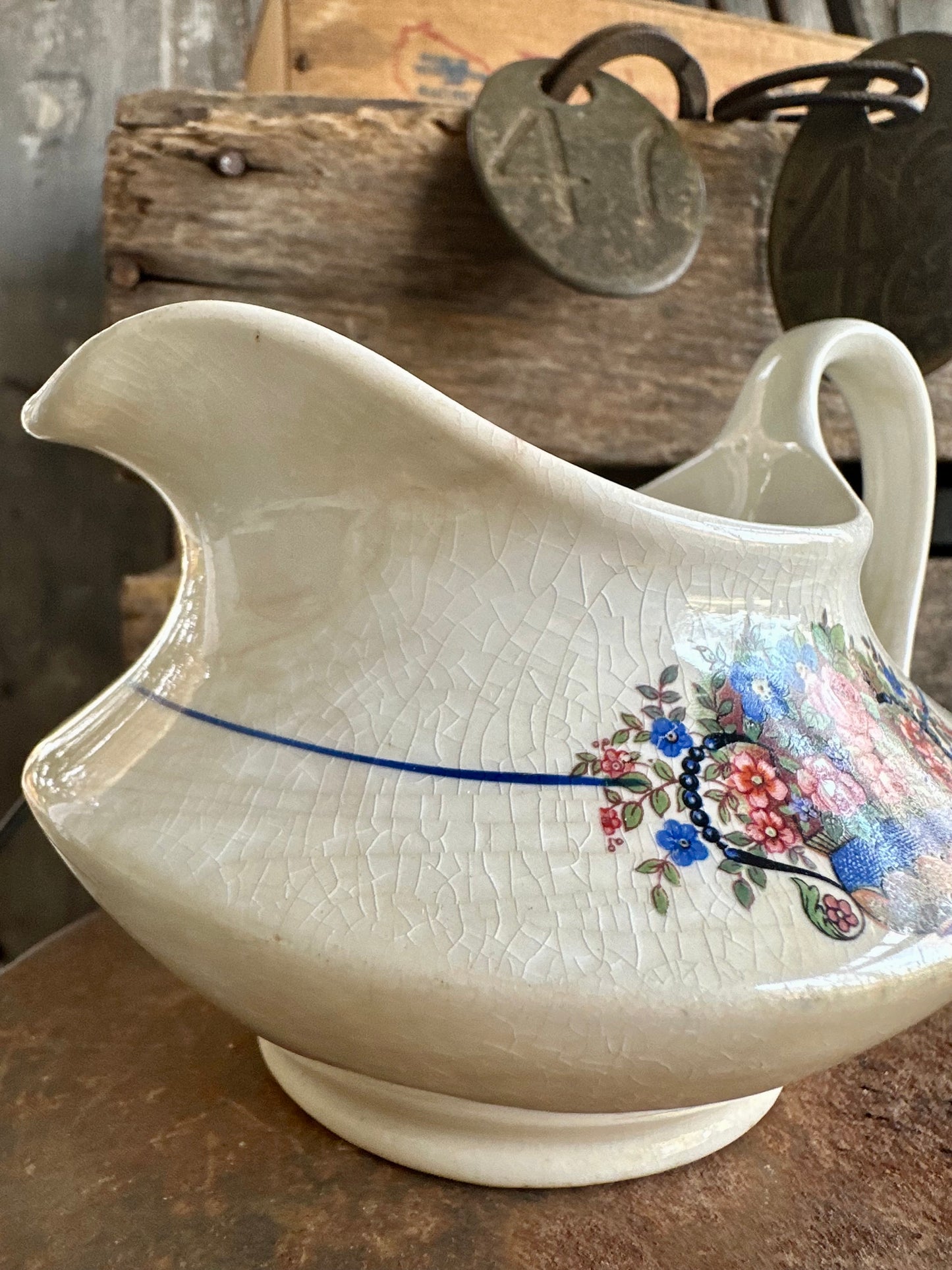Floral Creamer With Handle Crazing Staining