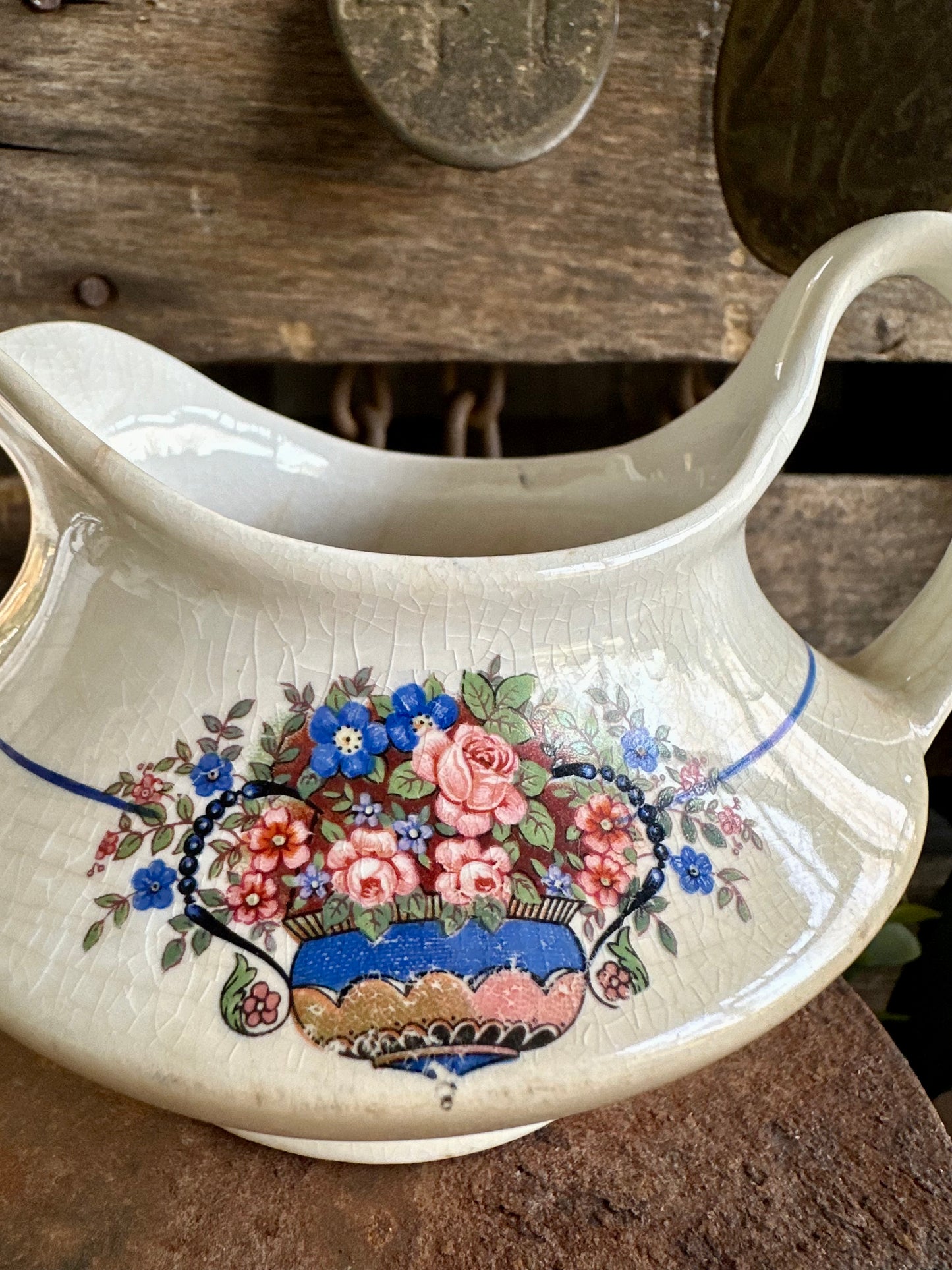 Floral Creamer With Handle Crazing Staining