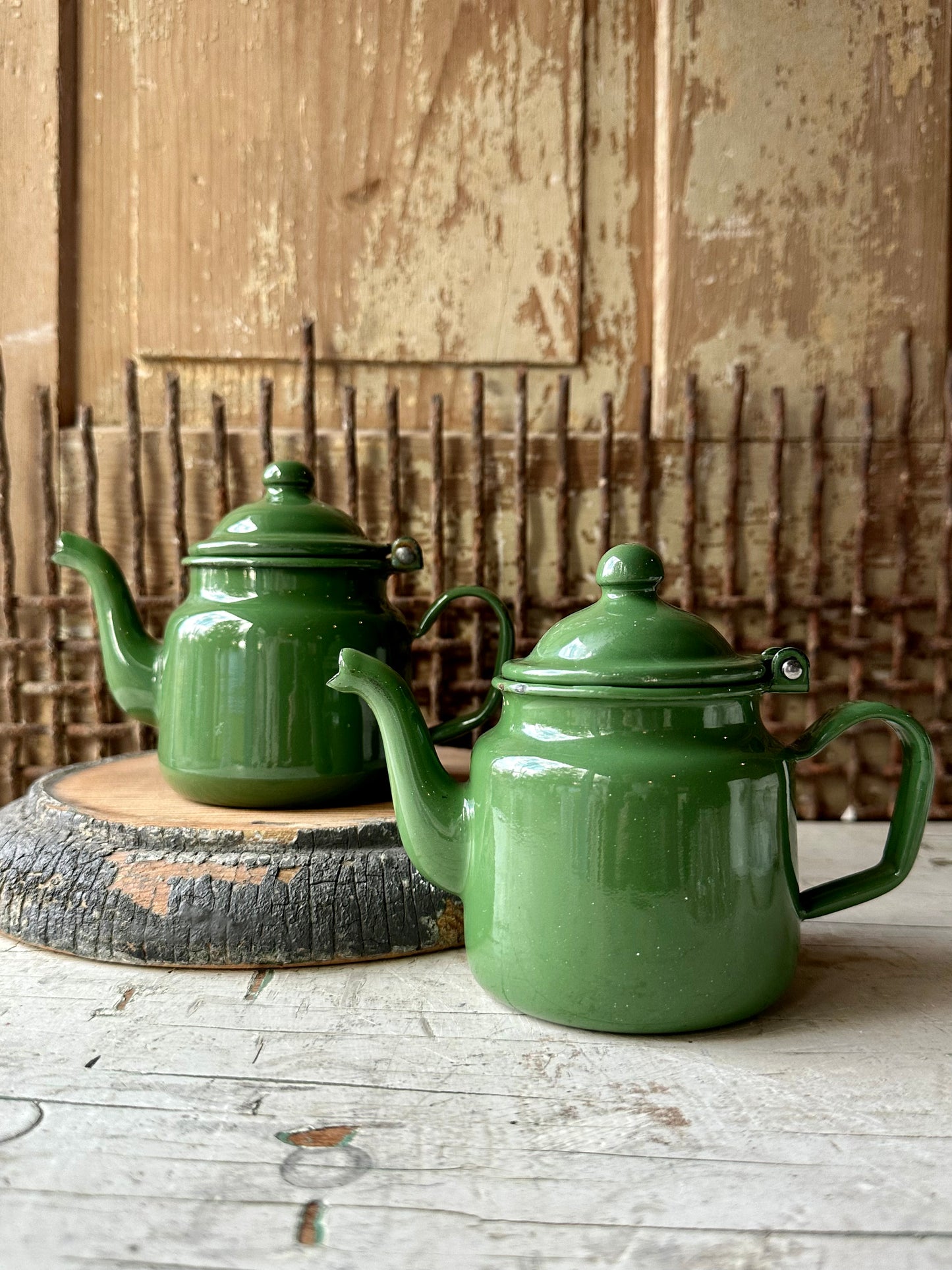 Enamelware Small Green Tea Pots Set of 2