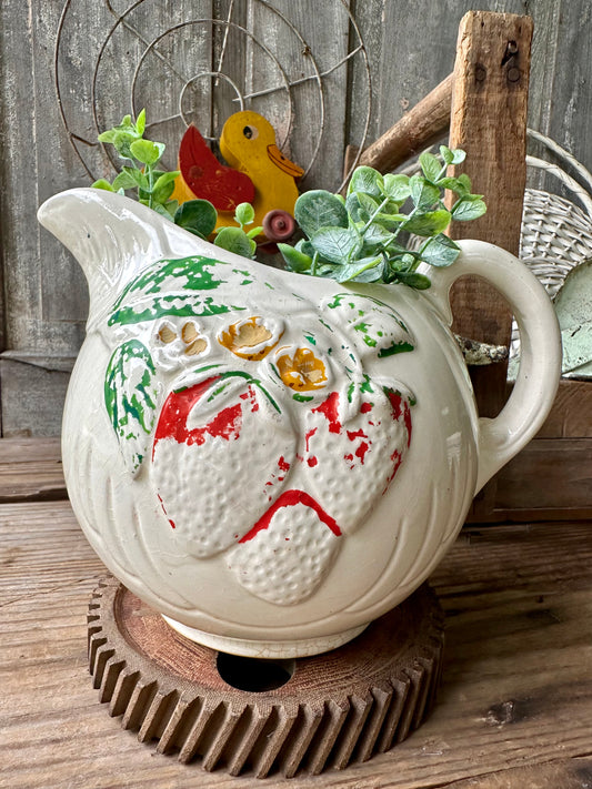 Strawberry Pattern Pitcher USA Crazed & Stained