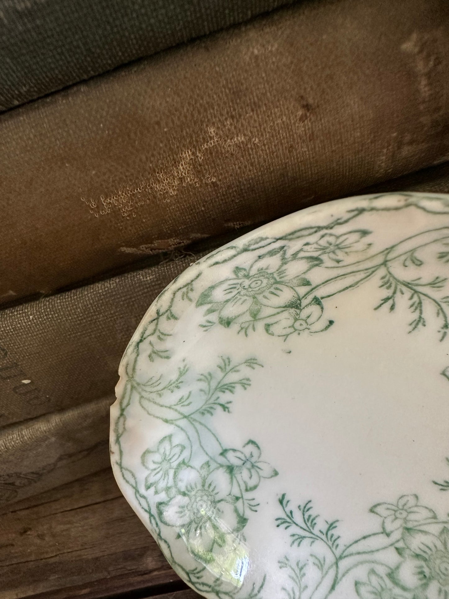 Butter Pat Green Floral Transferware