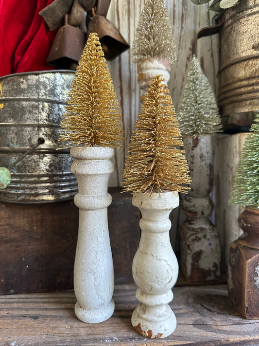 Salvage Wood Spindle With Christmas Gold Tree Set Of Two