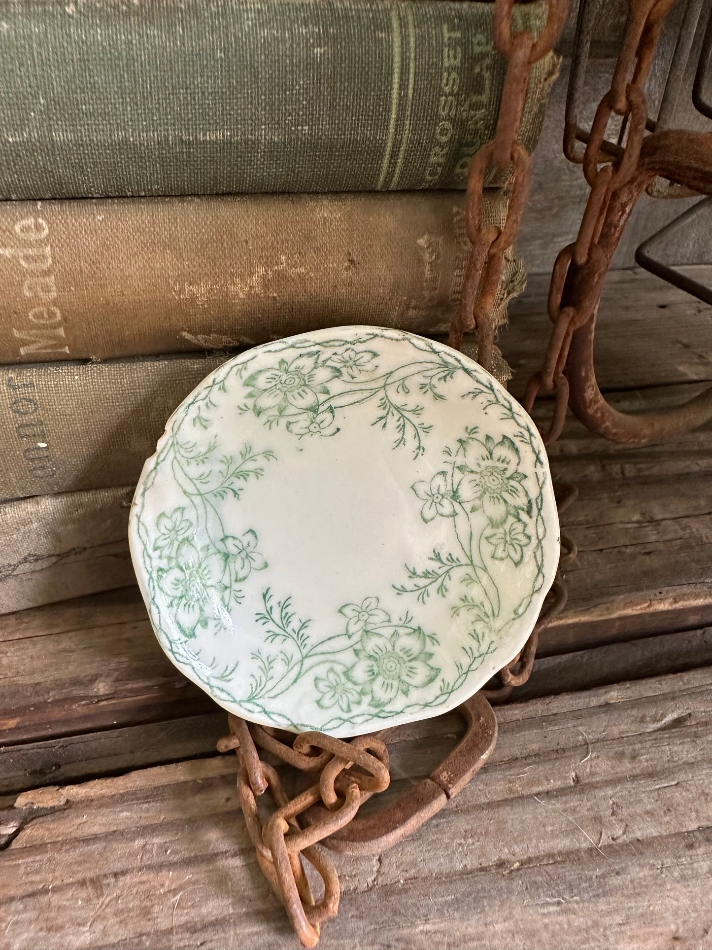 Butter Pat Green Floral Transferware