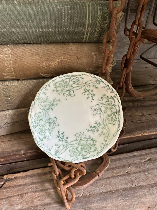 Butter Pat Green Floral Transferware
