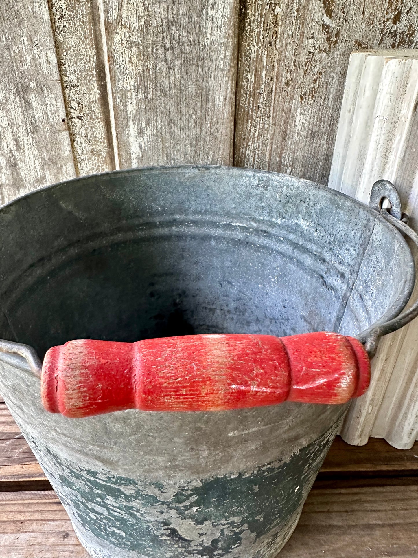 Galvanized Bucket With Chippy Teal Paint & Red Wood Handle