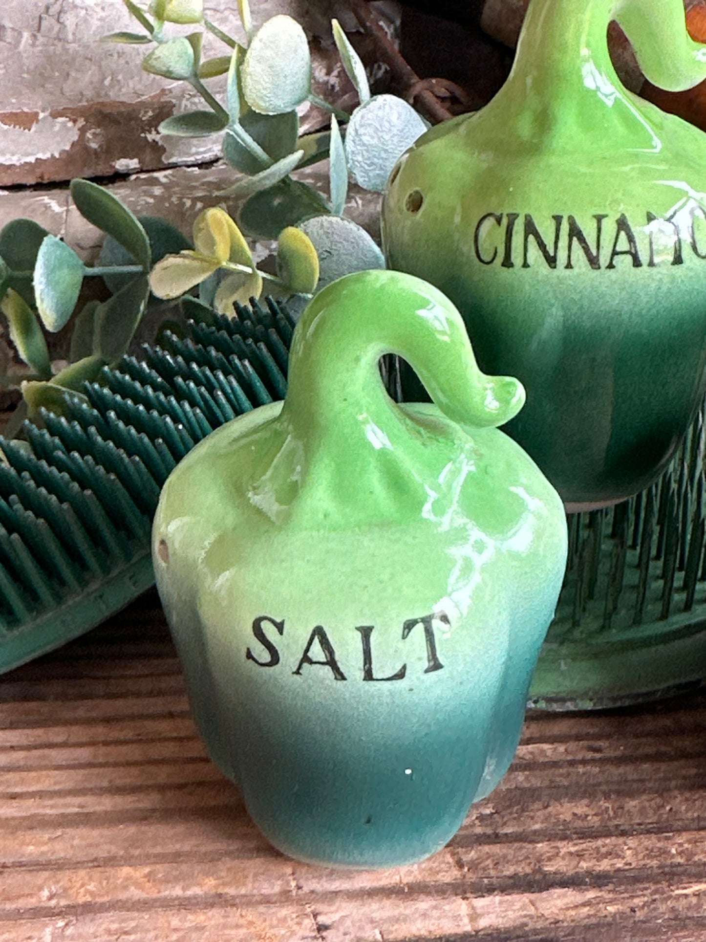 Green Pepper Shape Salt, Pepper & Cinnamon Shaker Set Of Three