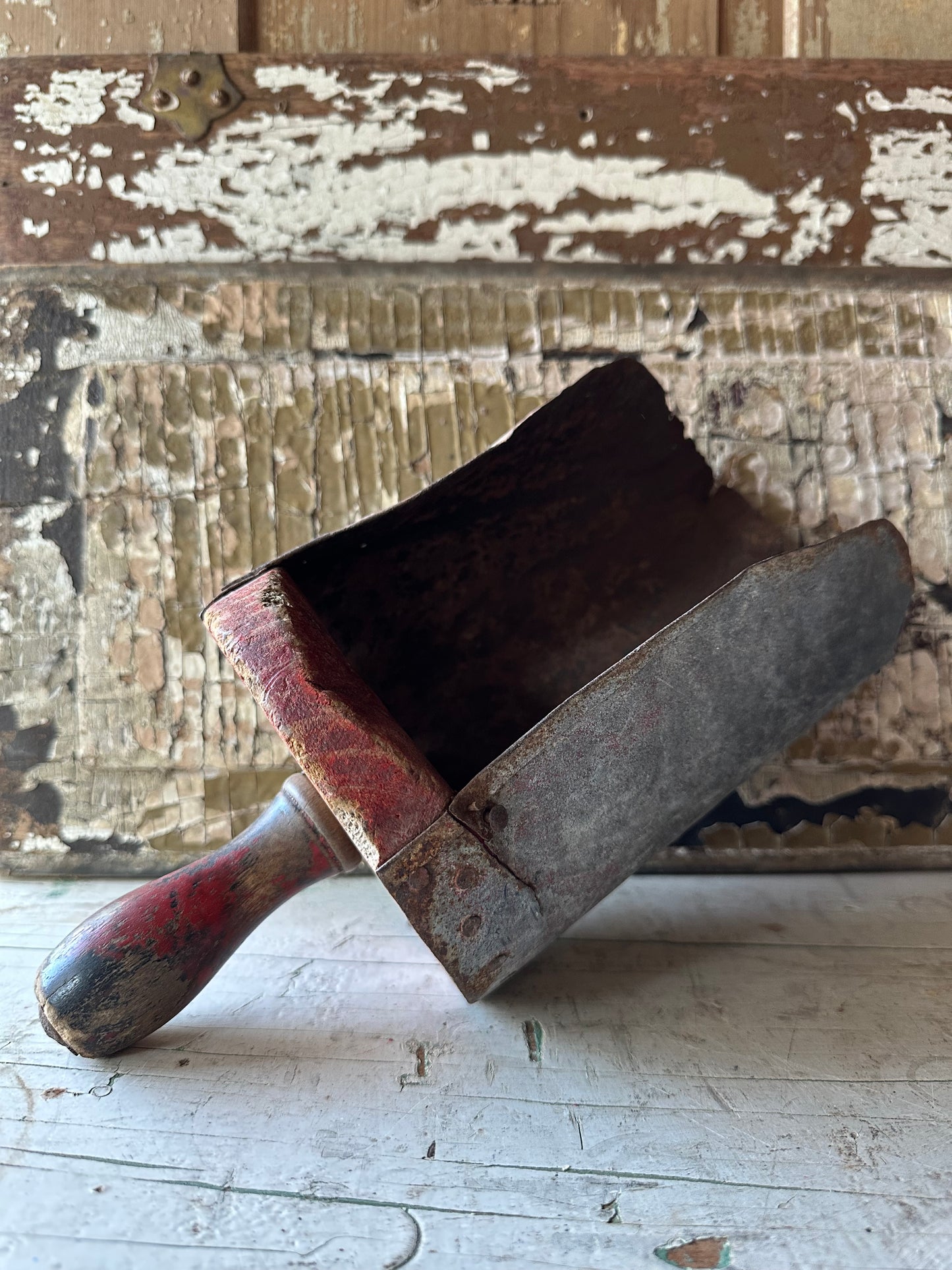 Weathered Red Paint Wood & Rusty Metal Scoop