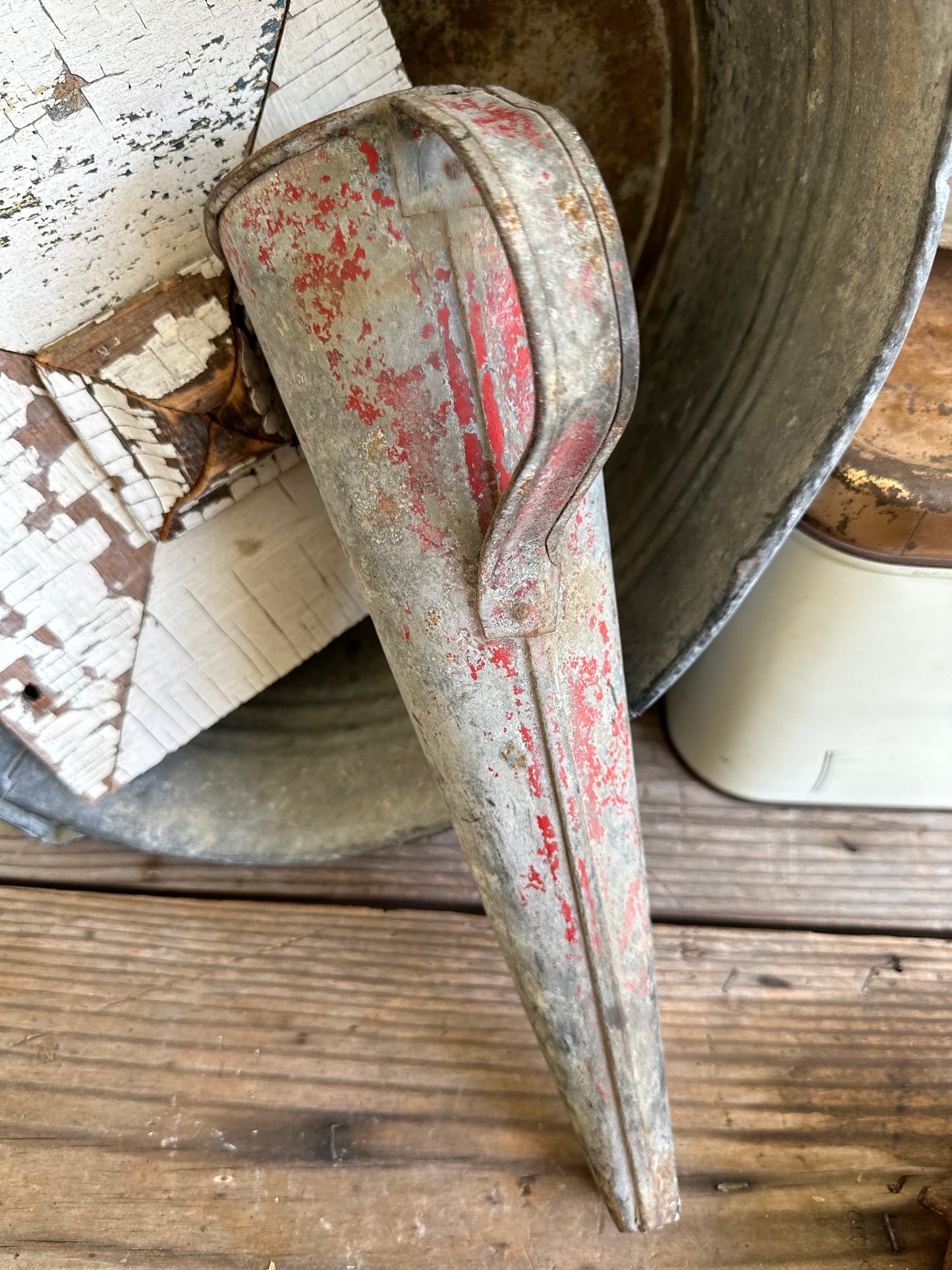Galvanized Metal Funnel With Handle Chippy Red Paint