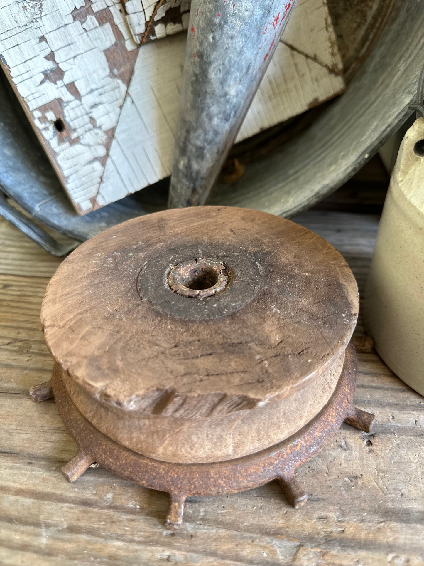 Salvage Wood Pulley Sheave & Metal Riser 2 Pc