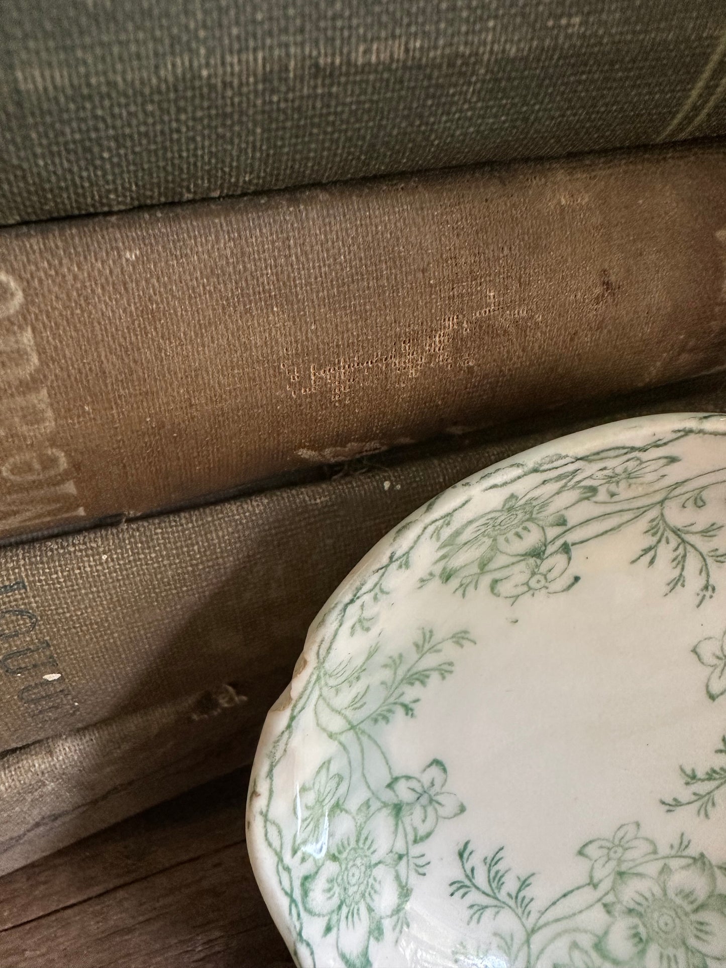 Butter Pat Green Floral Transferware
