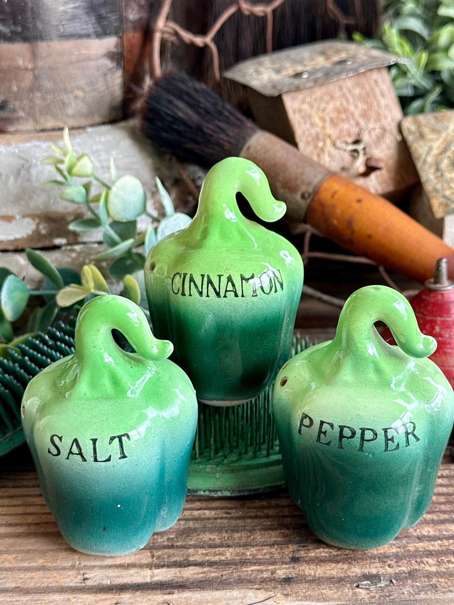 Green Pepper Shape Salt, Pepper & Cinnamon Shaker Set Of Three