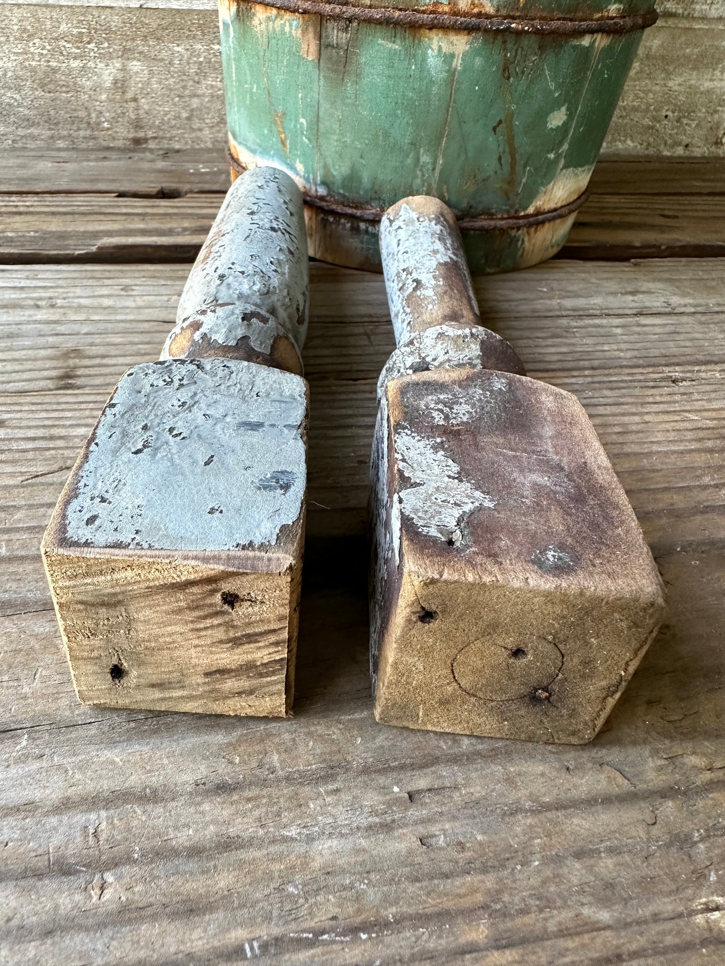 Weathered Wood And Gray Paint Spindles Set of Two