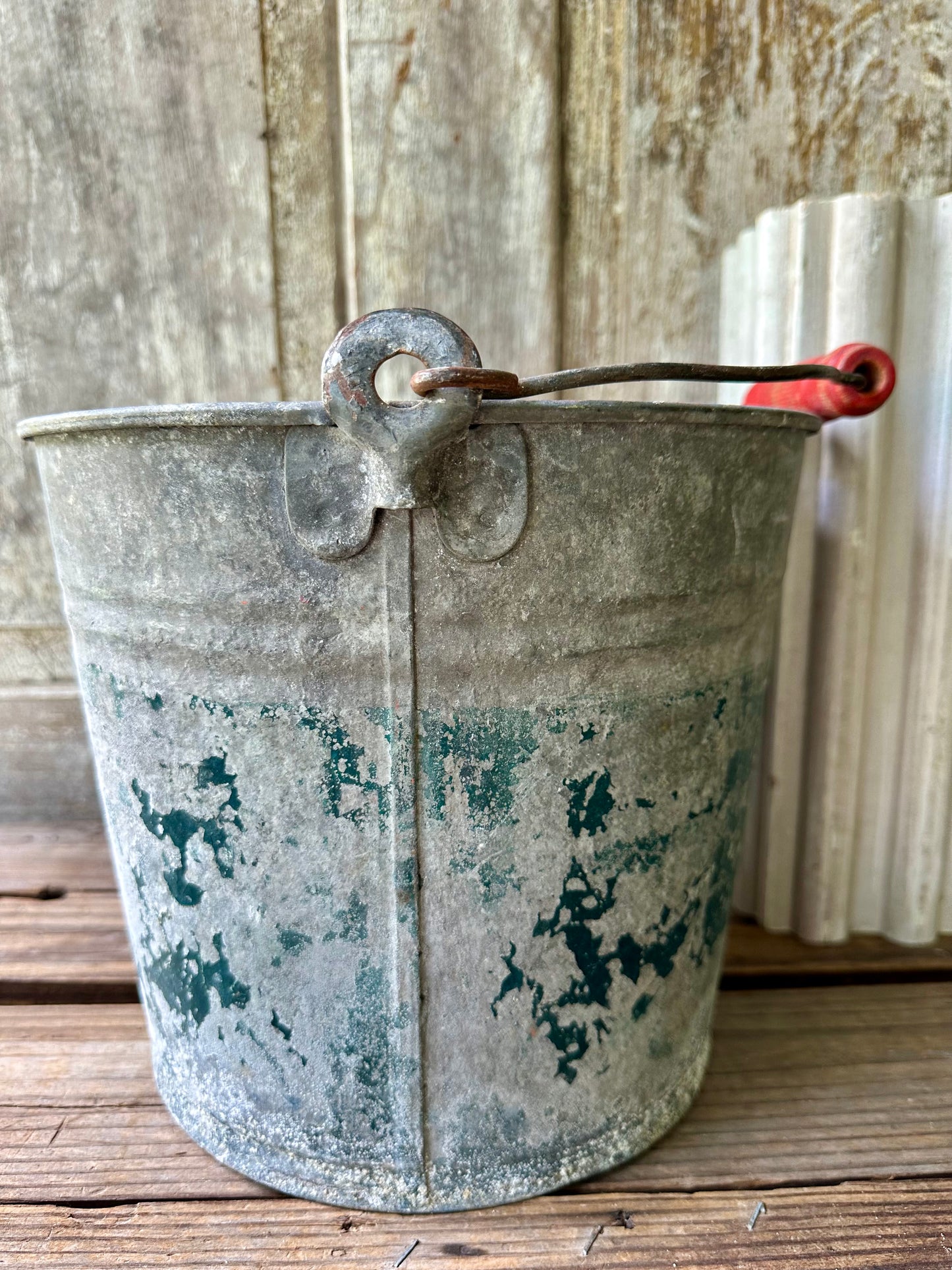 Galvanized Bucket With Chippy Teal Paint & Red Wood Handle