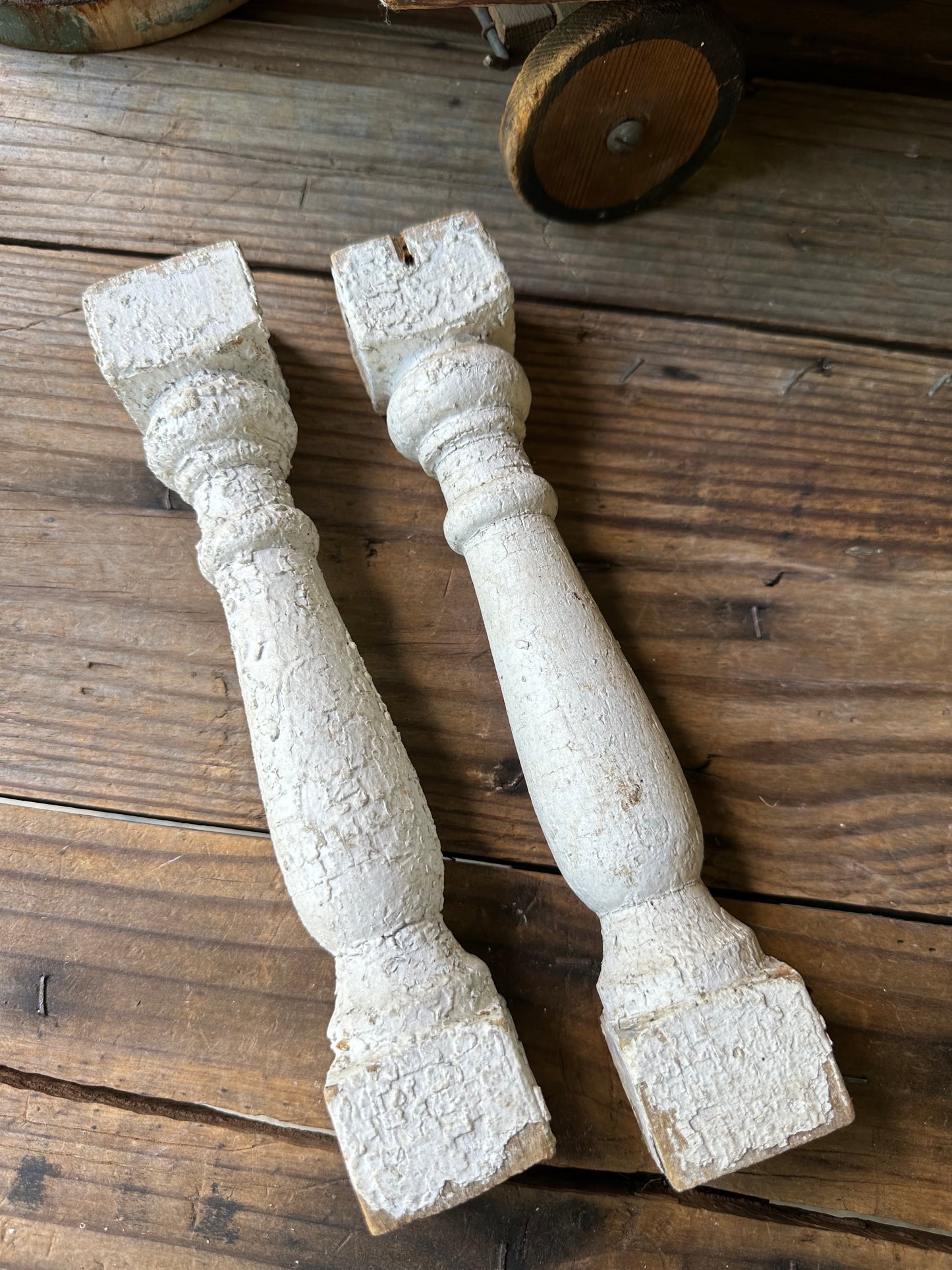 Chippy White Paint Wood Spindles Set of Two